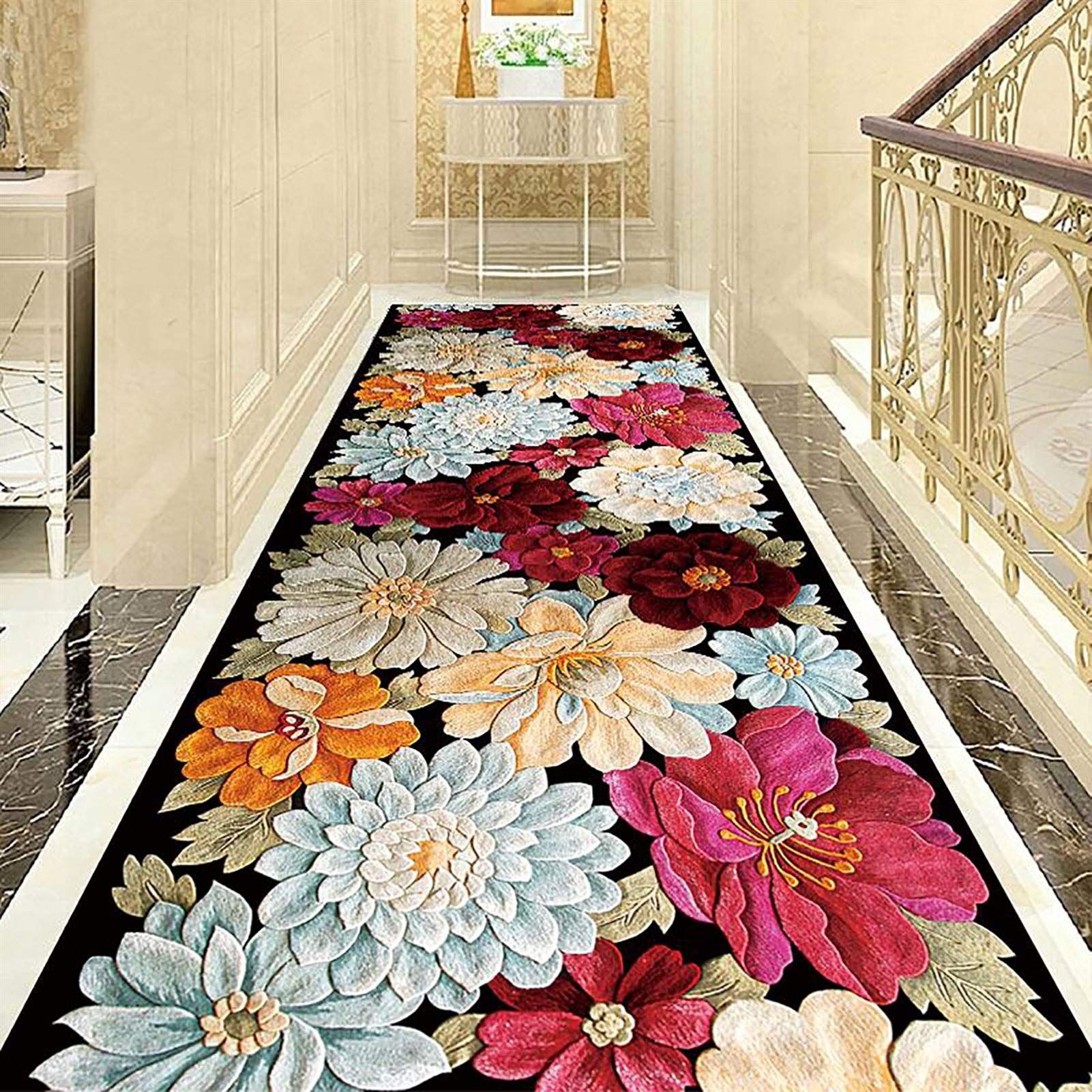 Tapis de fleurs en velours coloré tapis antidérapant de couloir lavable 1x4m