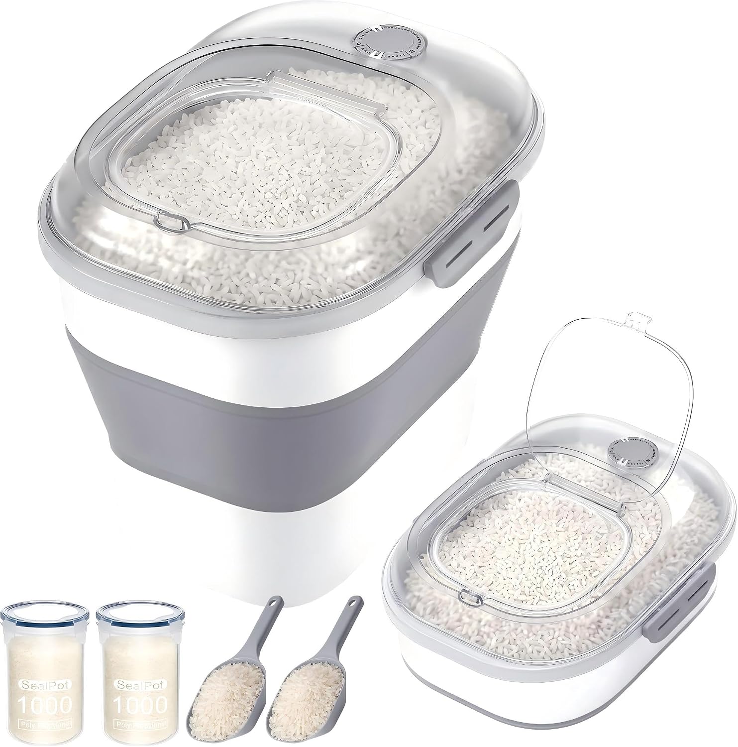 40 Lbs Rice Storage Container with Wheels, Collapsible Airtight Dog Food Storage Container with Transparent Lid, Measuring Cup, Scoop, Handle, BPA Free Rice Holder for Pet Food, Grain, Bird Seed