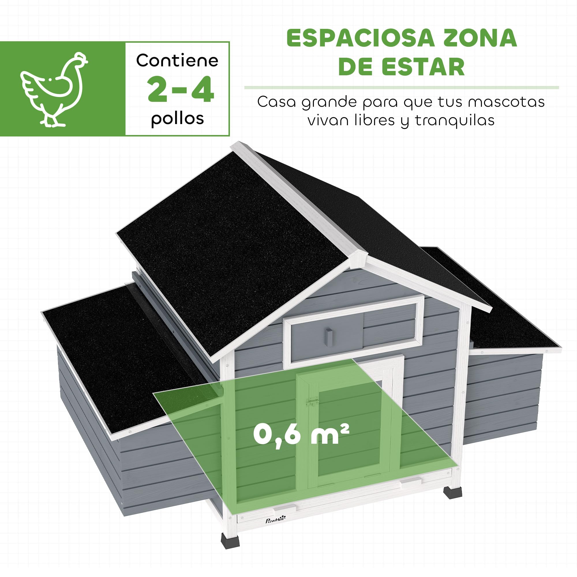 PawHut Gallinero de Madera para Exterior, 2 Nidos, Bandeja Extraíble, Perchas, Techo Impermeable, 150x100x96,5 cm, Gris