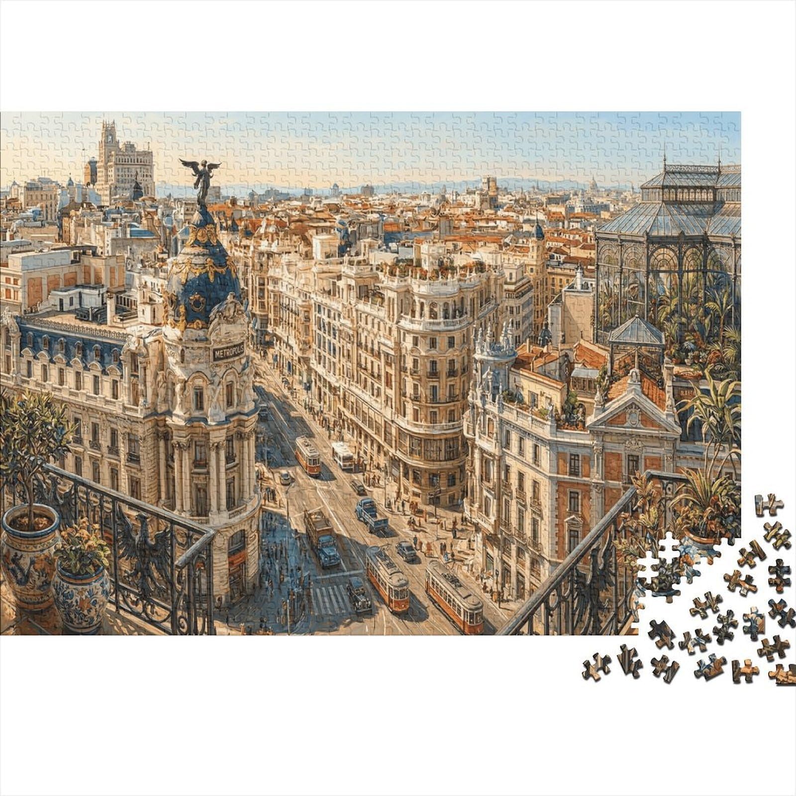 Madrid, Gran Vía 1000 Piece Jigsaw Puzzle Edificio Metrópolis Concentration Training Leisure Time Wall Decor Framed Art 38x26cm/1000pcs