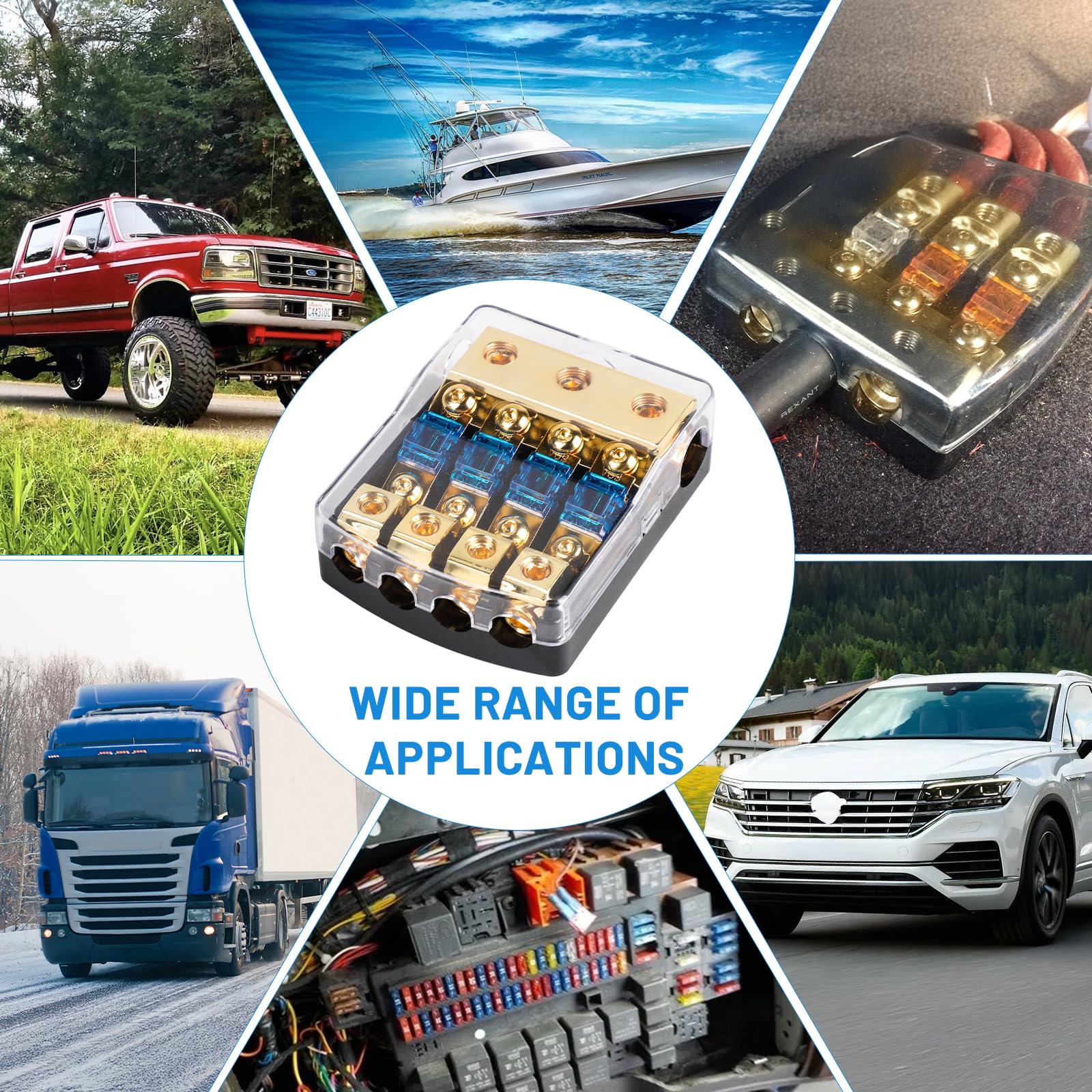 SWAWIS Mini ANL Sicherungshalter 4 Wege, Mit 0/4 Gauge Eingang und 4/8 Gauge Ausgang, Sicherungskasten für 30A-100A Sicherungen, KFZ Sicherungshalter für Auto Audio und Autobatterie
