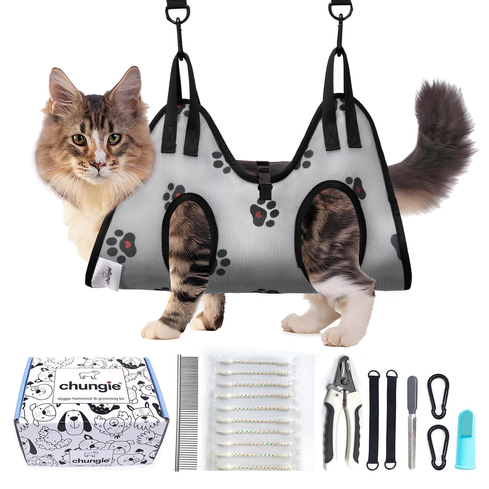 Chungie Cat Grooming Hammock for Cats – Cat Restraint for Nail Trimming with Pet Nail Clipper – Cat Sling for Grooming, Pet Hammock for Nail Cutting & Grooming Harness(Legs Spacing:6-9”/ Max W:20lb)