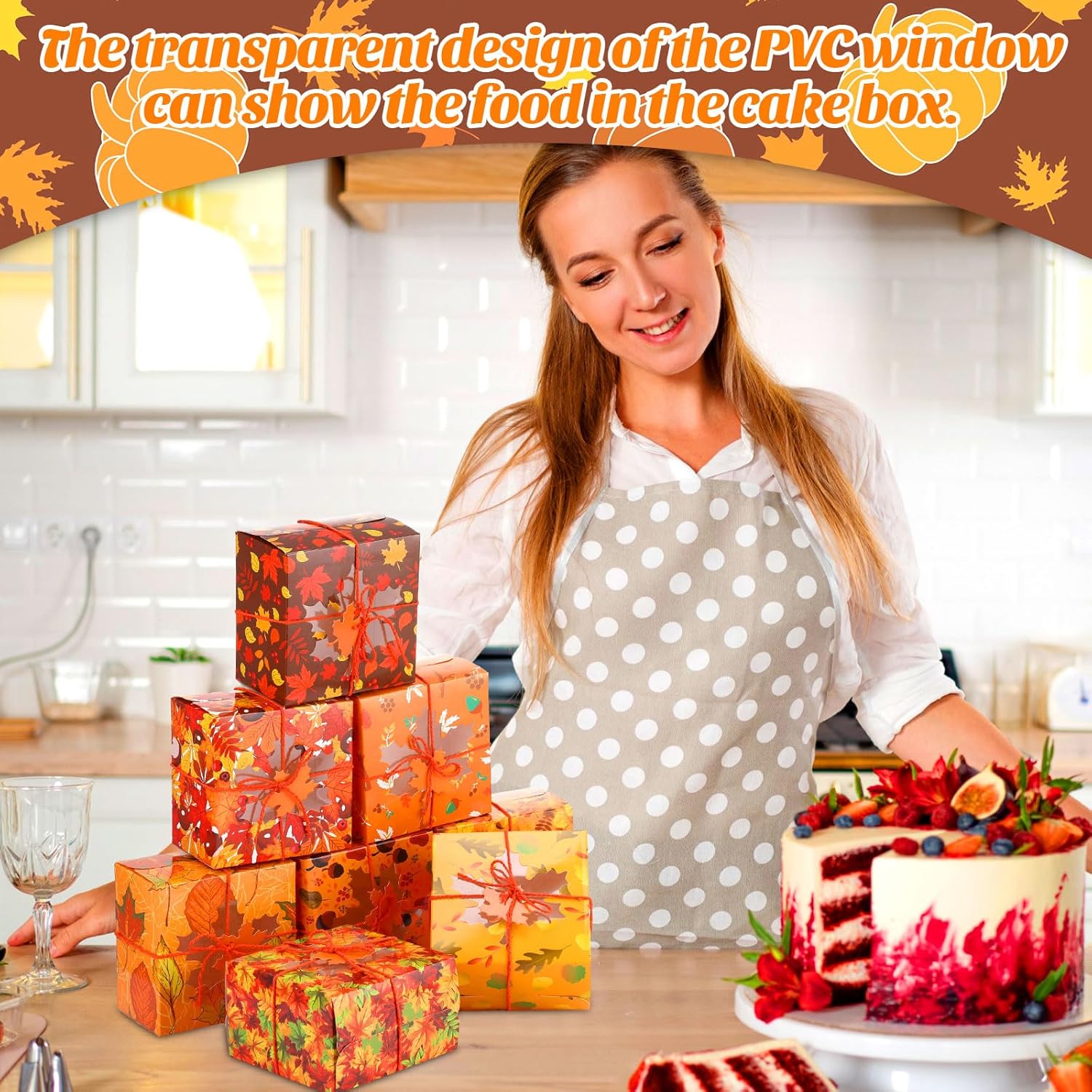 Blulu 60 Sets Thanksgiving Bakery Boxes Bulk with Window 5x5x3 Inch Fall Food Containers Gifts Boxes with Maple Tags and Rope for Fall Holiday Cookie Cupcake Goodie Candy Treat Package Party Favors - Image 2