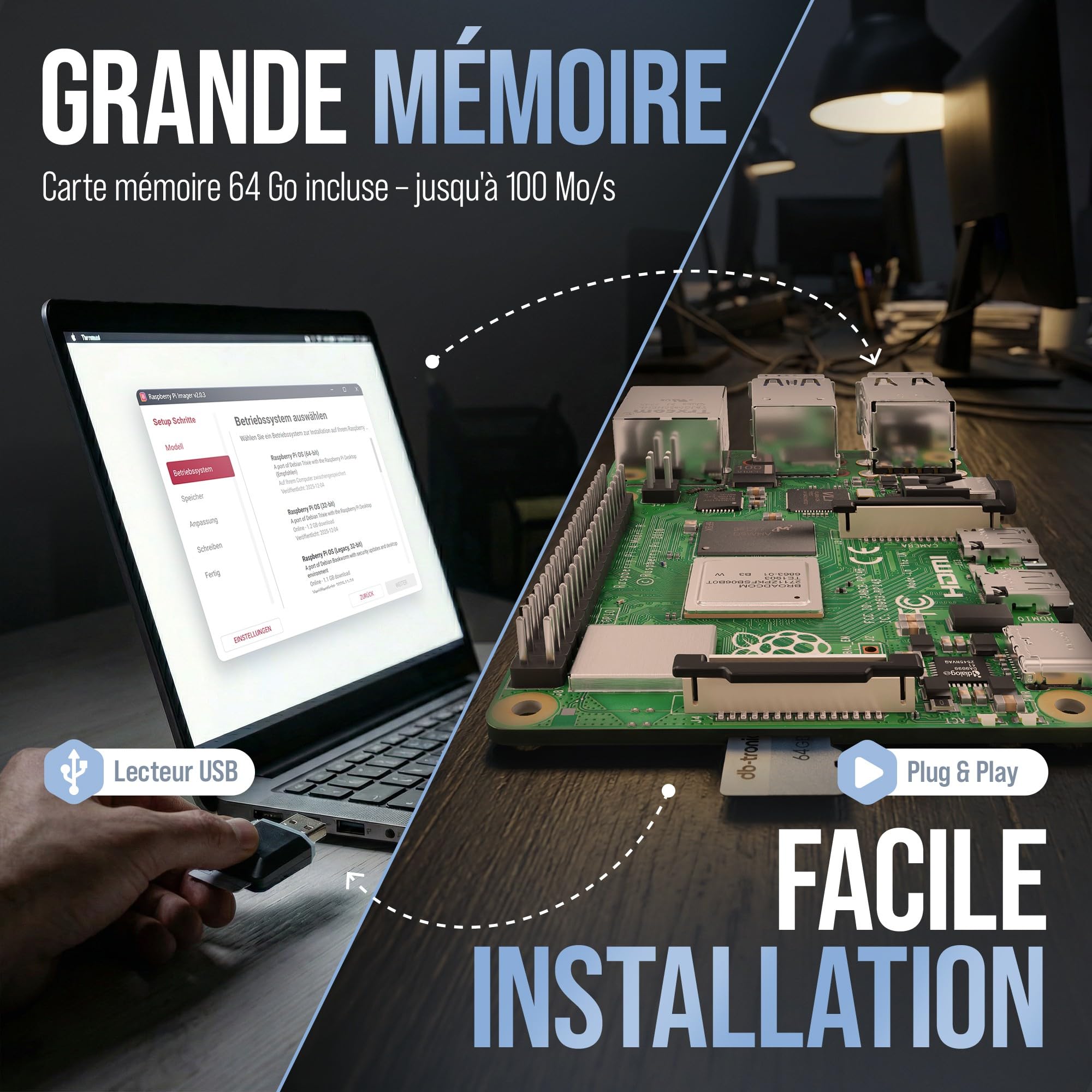 db-tronic Raspberry Pi 4 2 Go Starter Kit | Édition Noire 64 Go | Alimentation 15 W | Boîtier Noir | Micro HDMI 4K | Dissipateurs | idéal pour Home Assistant et Le Smart Home