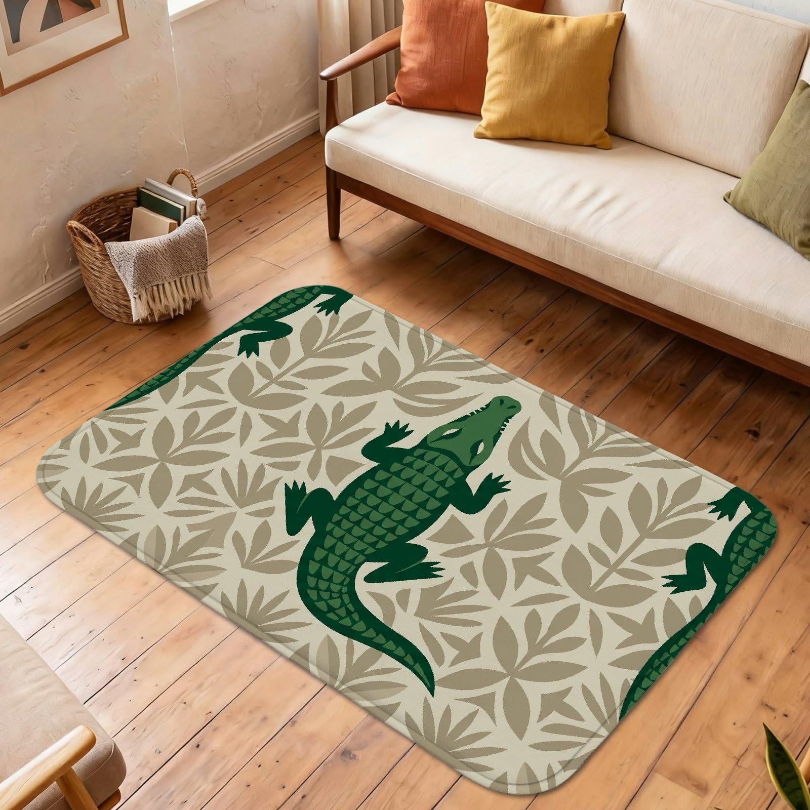 Alfombra de área de cocodrilo, diseño tropical de hojas naturales, sin esponja de pelo bajo, suave, rectangular, resistente a las manchas, para sala de estar, dormitorio, aula, decoración de