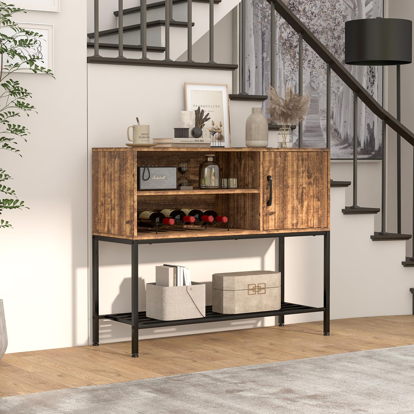 COSTWAY Sideboard mit Weinregal & Metallablage, Küchenschrank aus Holz, Weinschrank 35 x 100 x 83 cm, Konsolentisch Buffetschrank für Esszimmer, Wohnzimmer, Flur, Eingang (Braun)