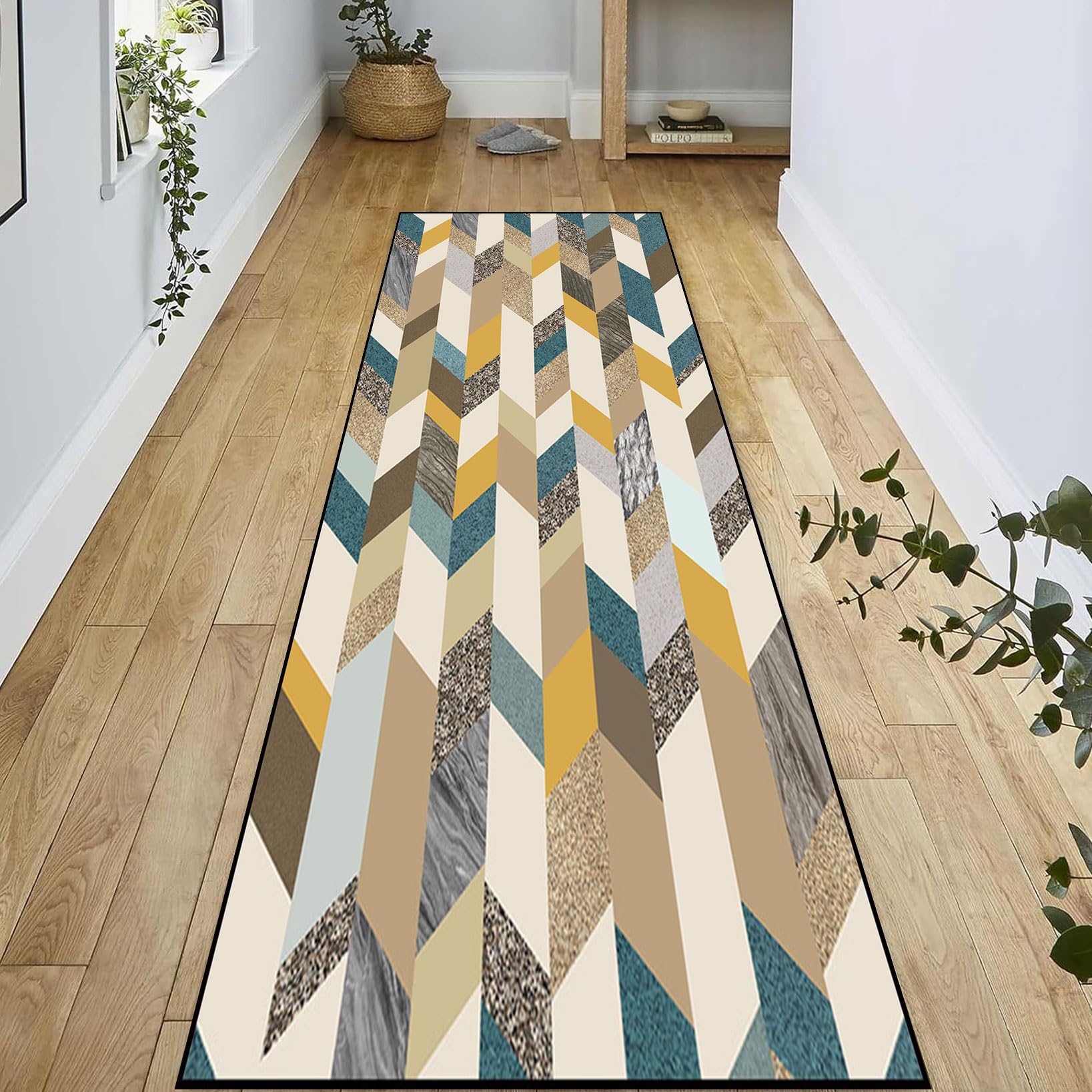 Tapis de passage couloir anti glisse 90x360 cm géométrique et lavable en machine