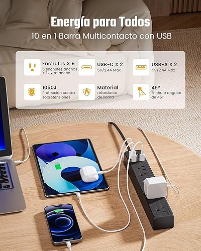 Miniatura 2 de SUPERDANNY Regleta de alimentación USB de 9.8 pies, protector de sobretensiones, cable de extensión de protección múltiple, 5 tomas de corriente, 3