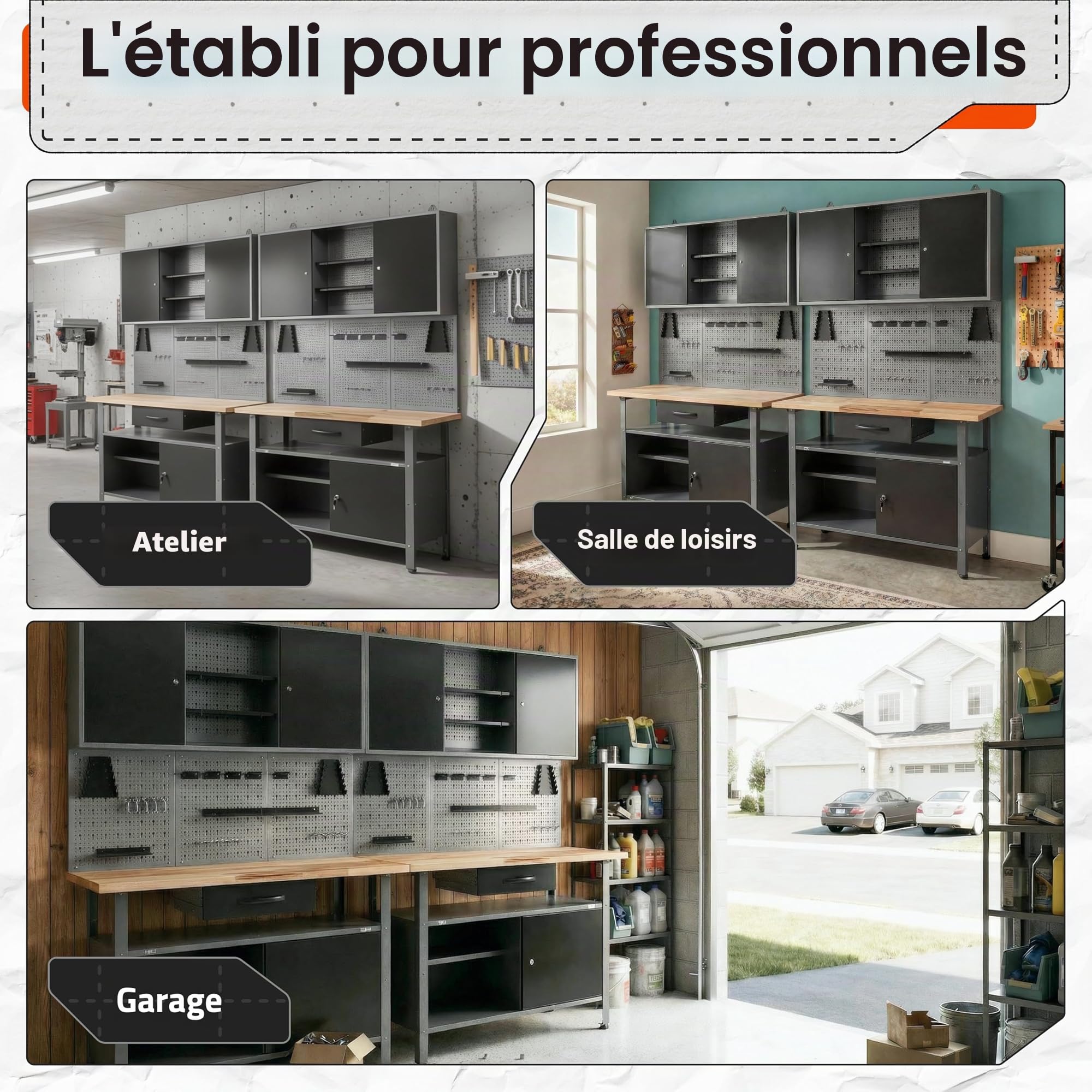 Ondis24 - Etabli Servante d'Atelier (Garage, Hangar) et Panneaux à Trous et Crochets à Outils