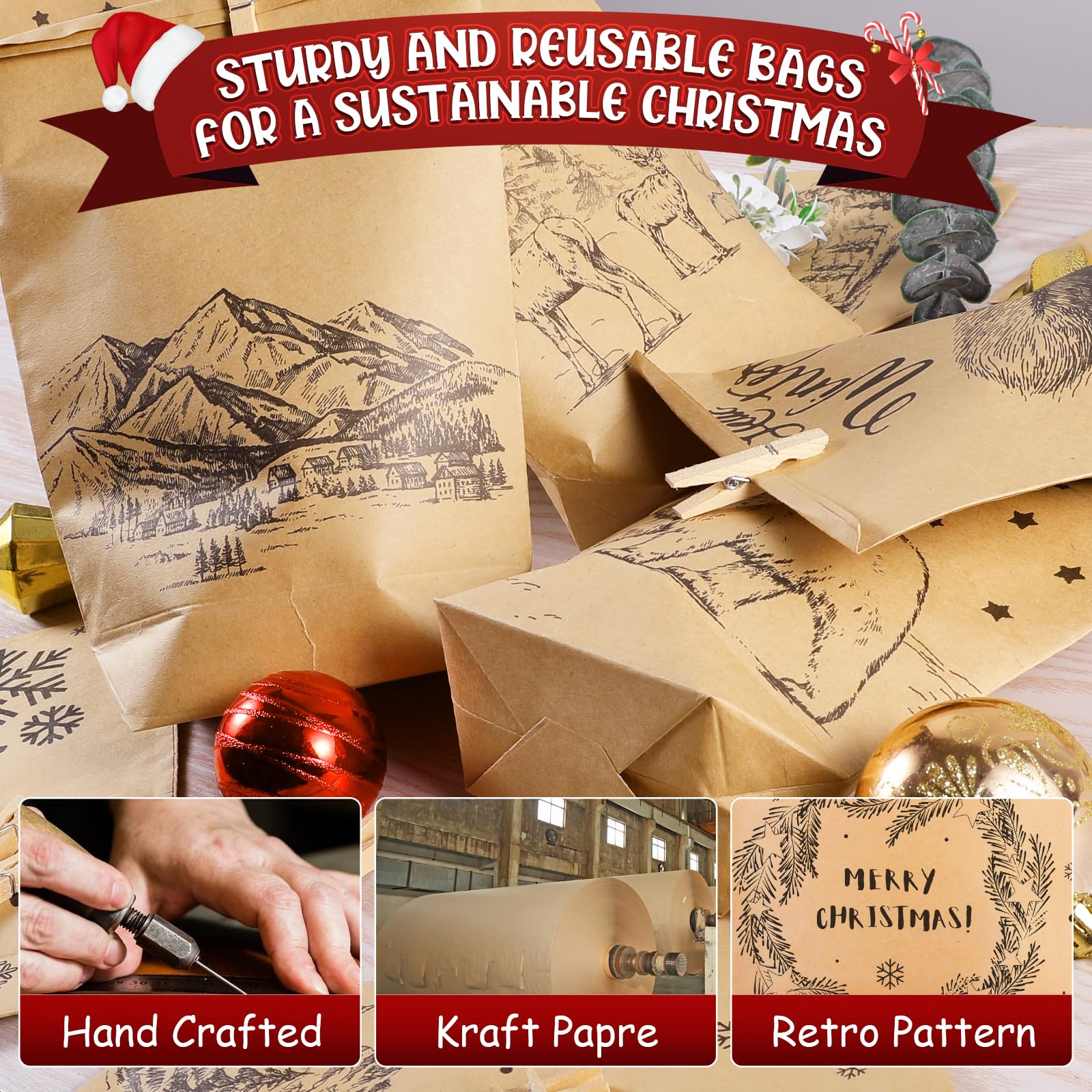 Calendrier De L'Avent à Remplir DIY – 24 Sacs Kraft Imprimés Noël + Pinces + Autocollants Numérotés, Idéal Enfants & Adultes