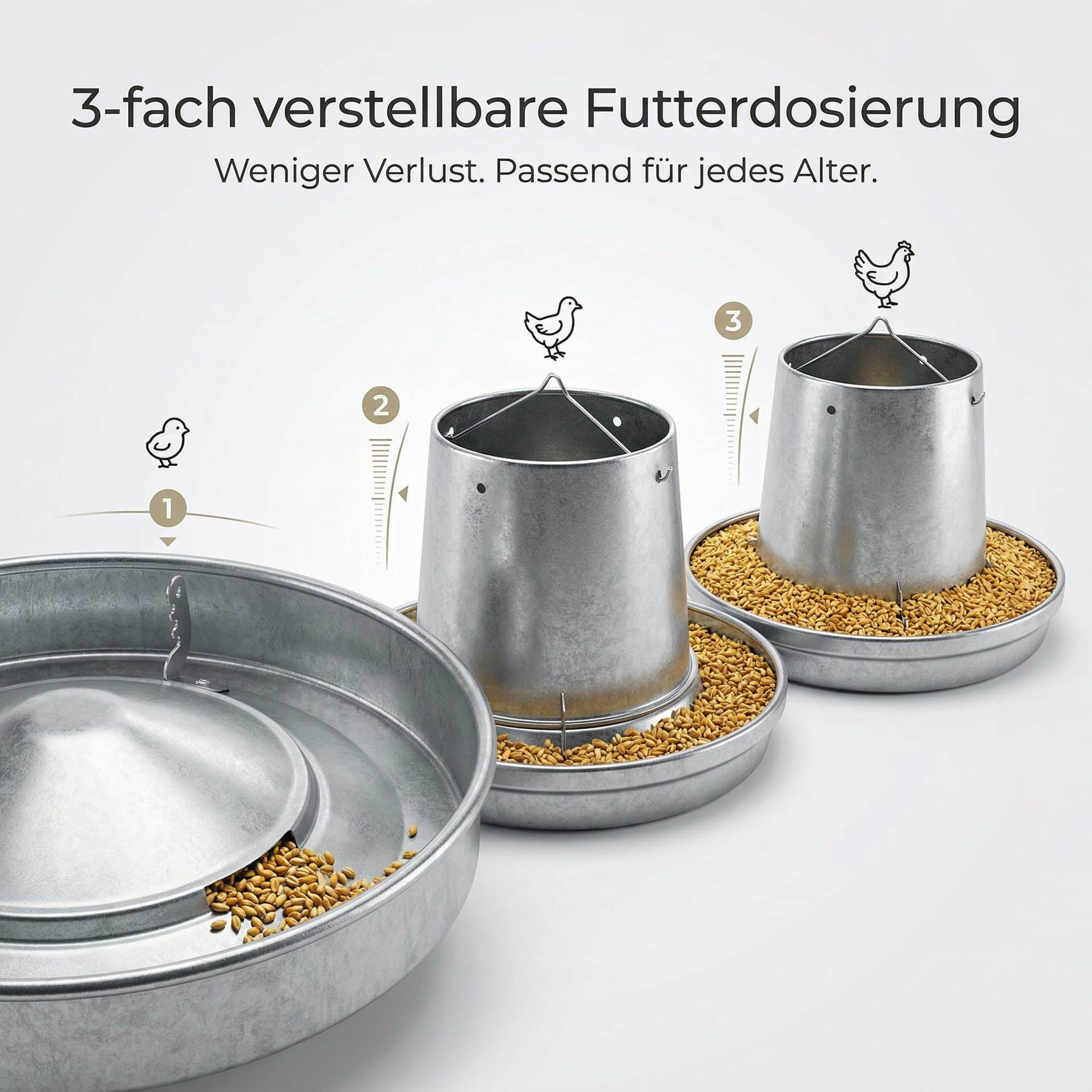 Comedero automático para pollos, 9 L, metal galvanizado, dosificación ajustable con tapa, dispensador de alimentos para gallinas, accesorios con patas y suspensión, limpio y económico