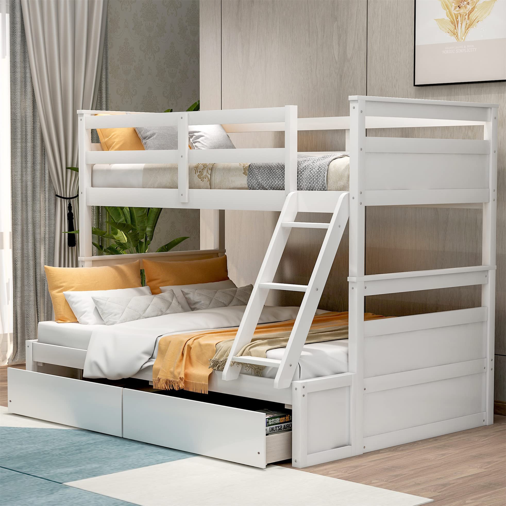 Amazon.com: Harper & Bright Designs Solid Wood Bunk Bed with Storage  Drawers, Twin Over Full Bunk Bed with Ladder and Safety Guard Rail for  Boys, Girls, Teens and Adults (White) : Home