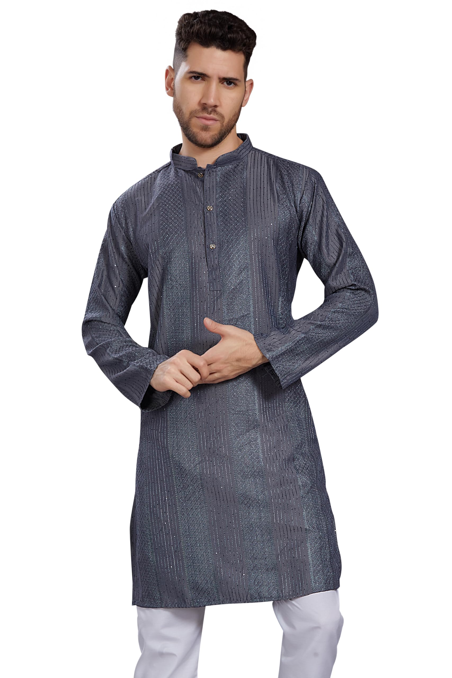 Divisive Men's Thread Embroidered Cotton Blend Only Slim Fit Kurta (Dkrt777_L_Grey)