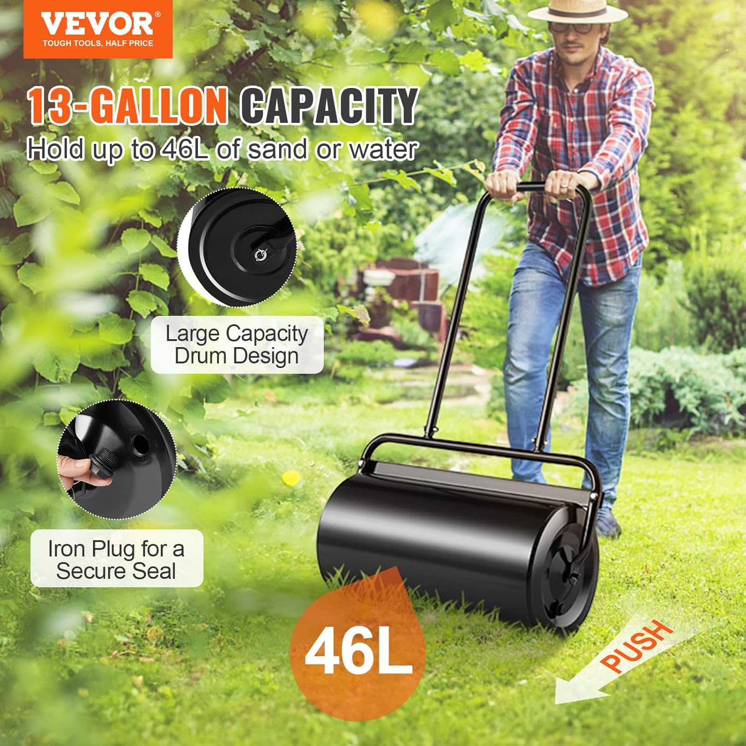 VEVOR Lawn Roller 13 Gallon Large Capacity Sand/Water Filled, Heavy Duty Steel Material, with Easy-Turn Plug and U-Shaped Ergonomic Handle for Convenient Push and Pull, for Garden, Farm, Park, Black