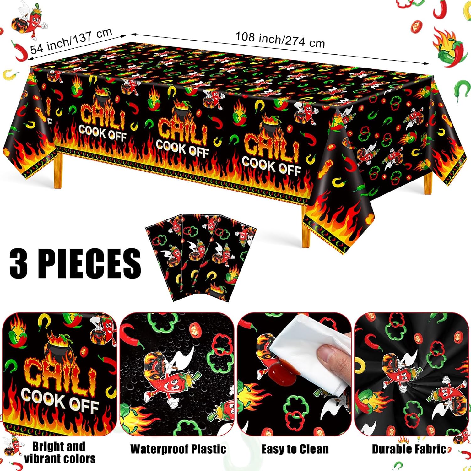 Oudain 3 Pcs Chili Cook Off Disposable Tablecloth 108" x 54" Plastic Pepper Flame Table Covers Cooking Party Table Cloth for Chili Cook Off Prizes Contest Party Supplies(Black) - Image 2