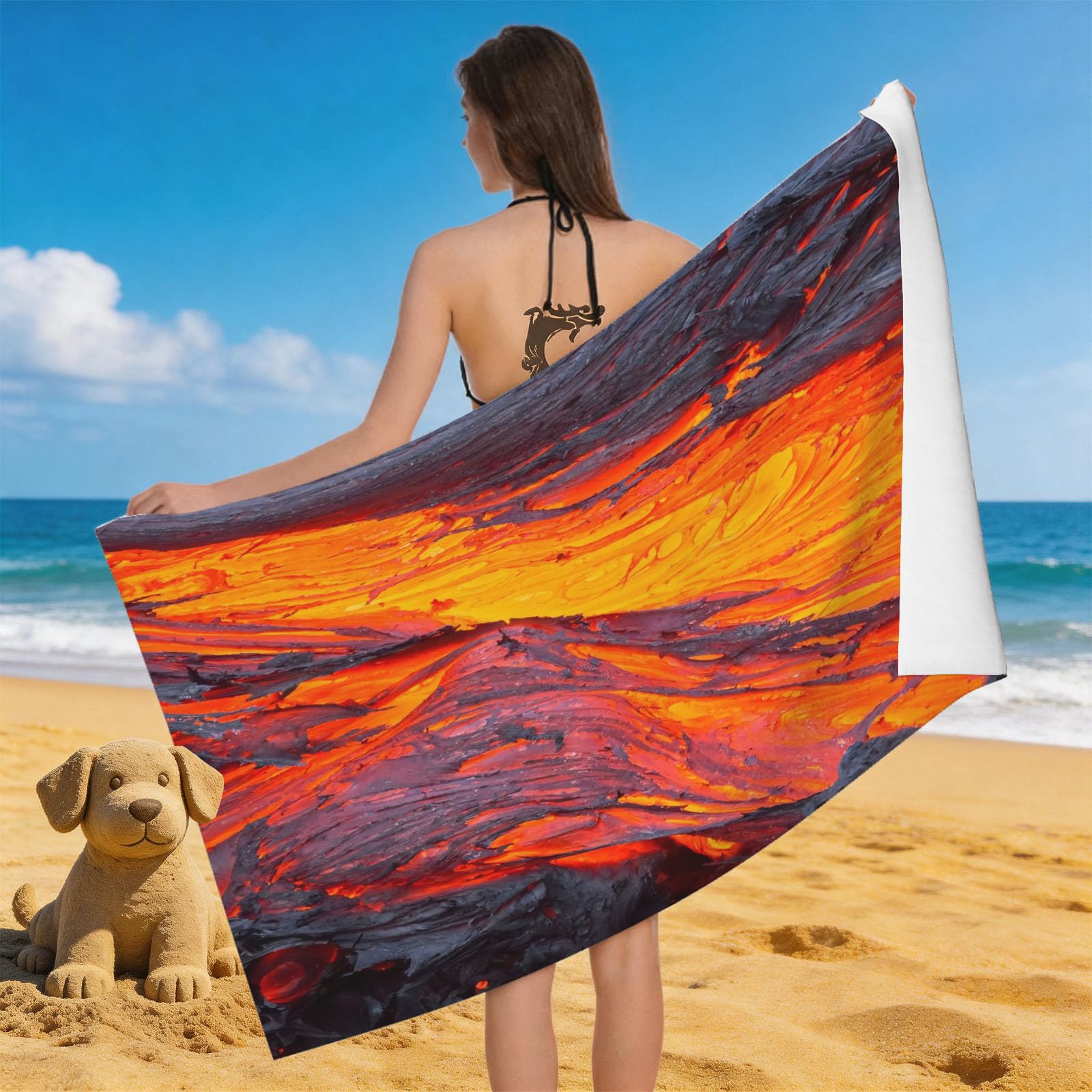 Leichong 3D Volcano Beach Towel Microfiber Soft Quick Dry for Adults, Cool Bath Towel Lightweight Soft Absorbent for Travel Swimming Pool Sports, 75 x 150 cm