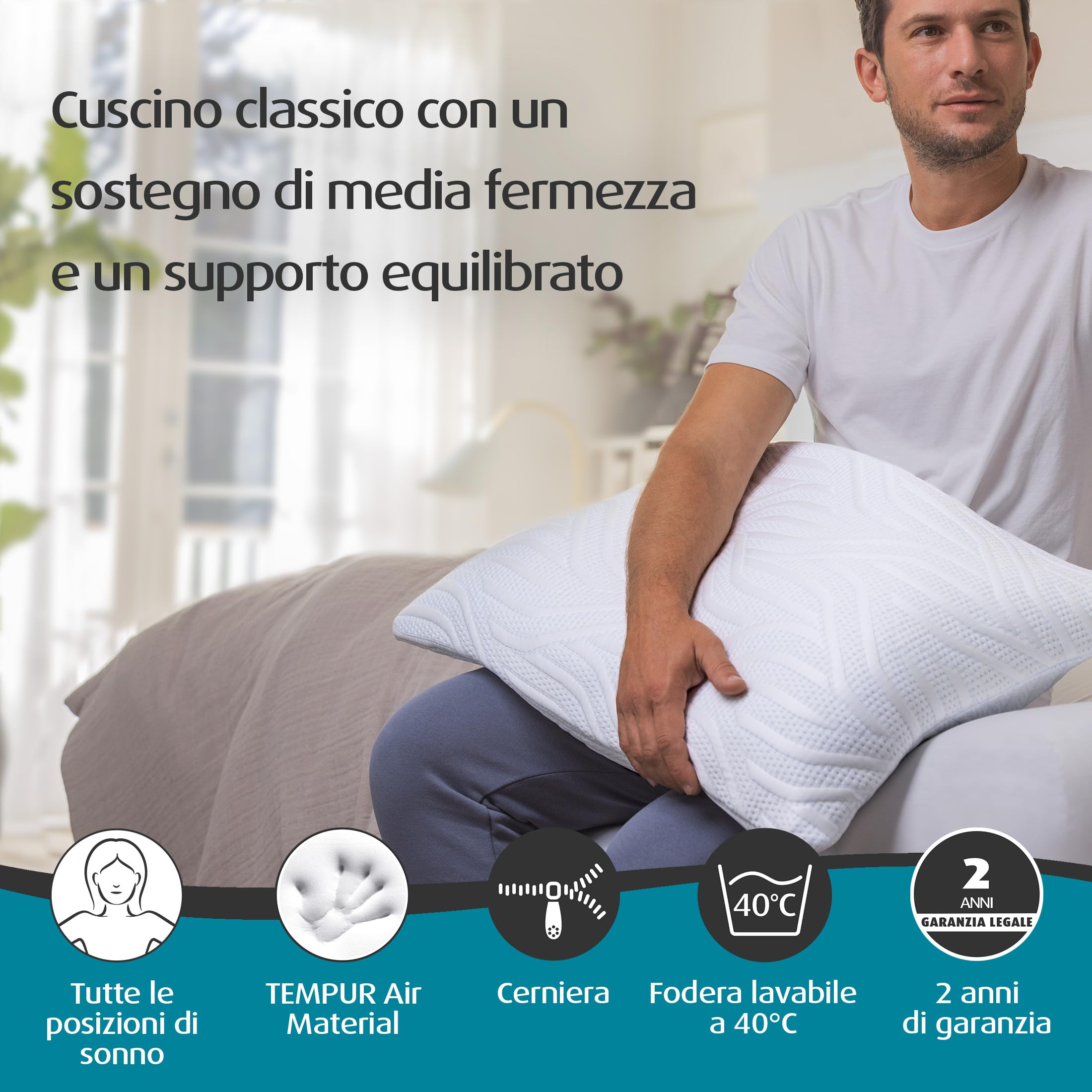TEMPUR Comfort Air Medium, cuscino traspirante per tutte le posizioni di sonno, OEKO-TEX MADE IN GREEN, sensazione di media fermezza, 40 x 80 cm