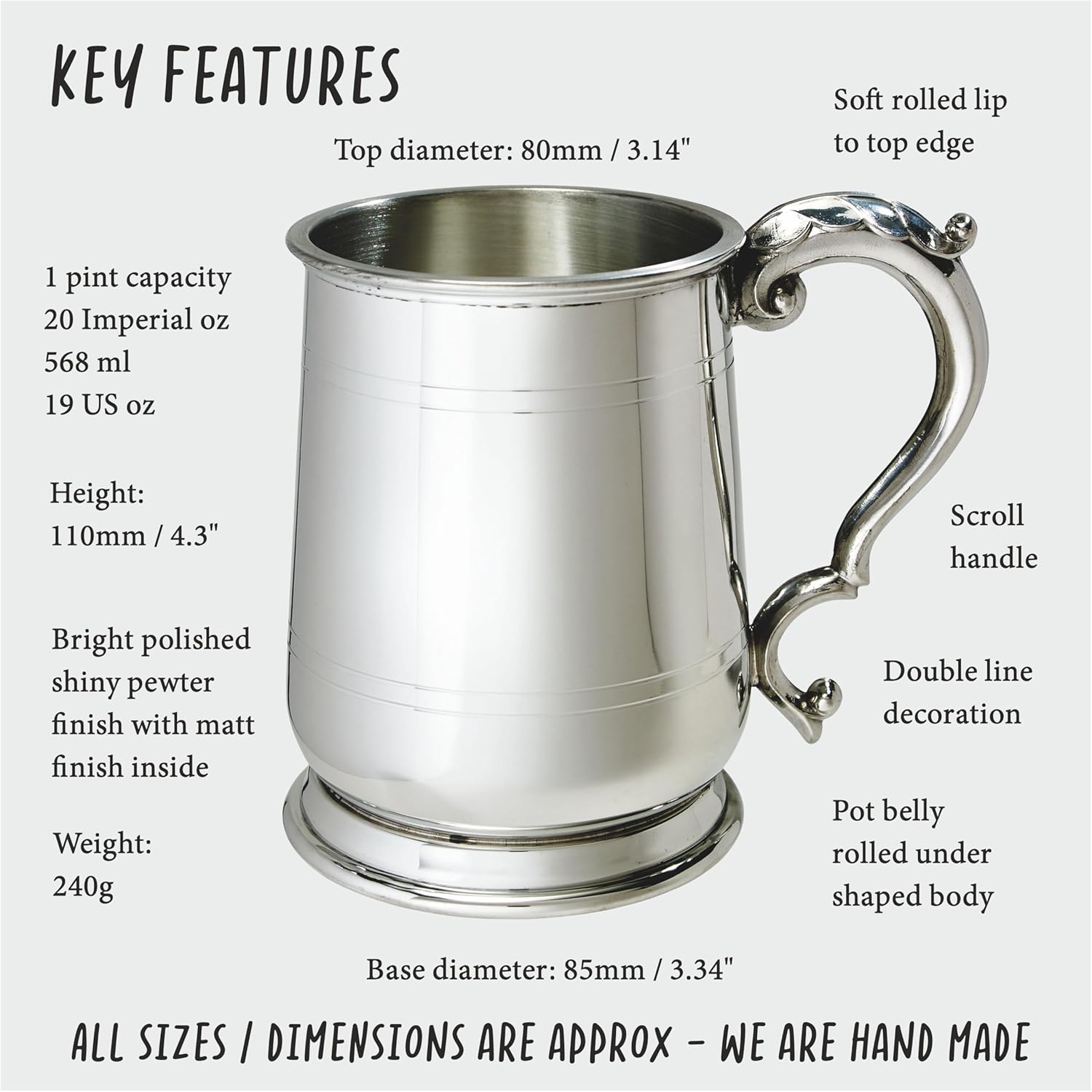 Wentworth Pewter - Standard Jacobean 1 Pint Pewter Tankard (Jacobean Tankard)