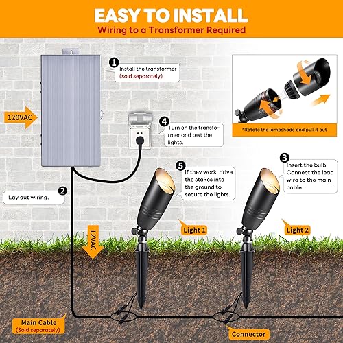 Miniatura 8 de Gardenreet Foco de paisaje de latón macizo de cobre, 12 V CACC impermeable, luces LED para exteriores, iluminación de bajo voltaje con cable para
