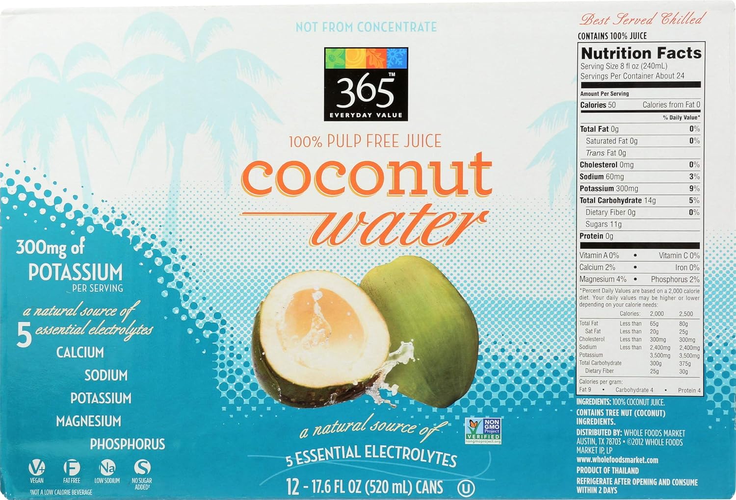 365 by Whole Foods Market, Coconut Water, 17.6 oz, (Pack Of 12)