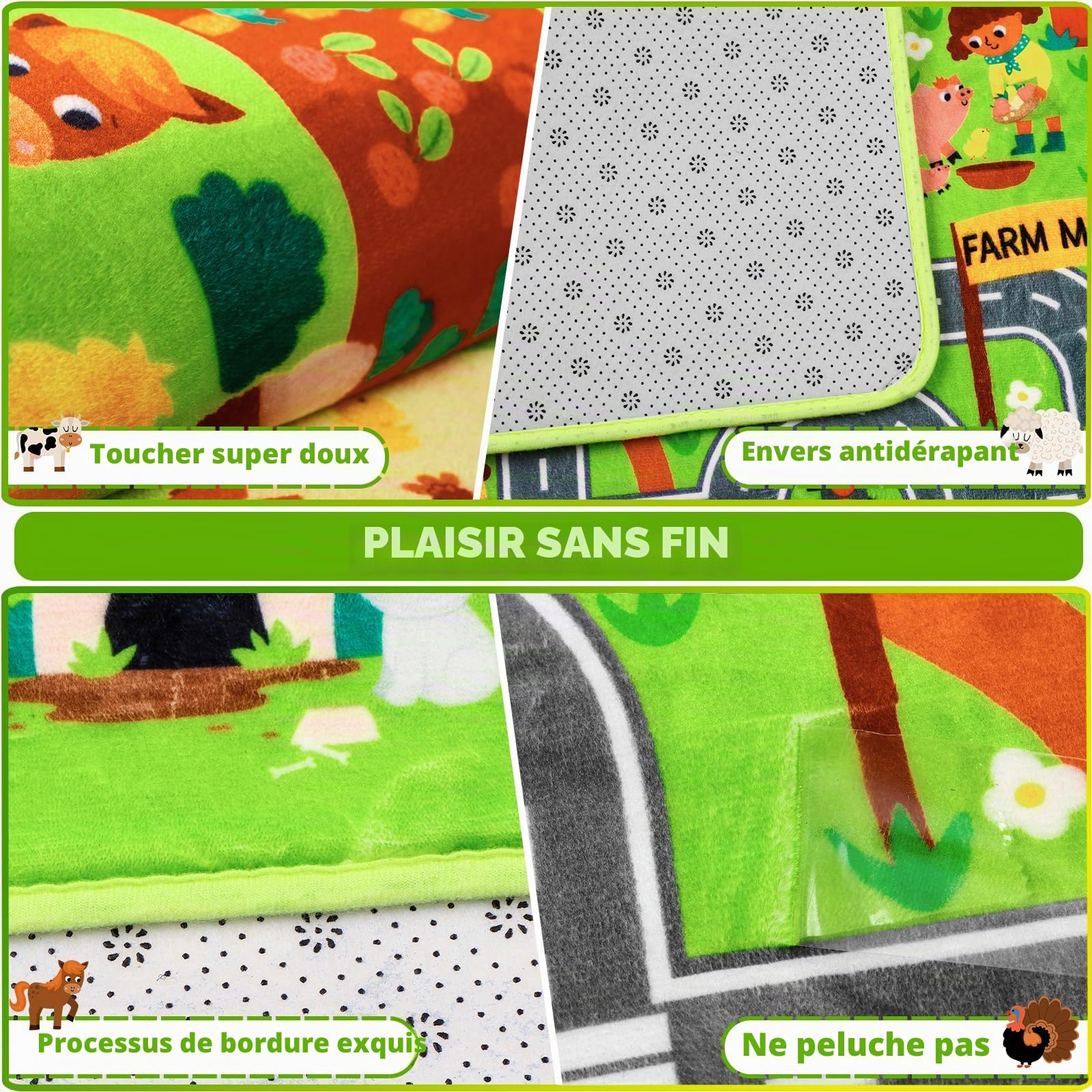 Tapis de jeu pour enfants pour voitures jouets, 150 x 100 cm, marché à la ferme, circulation routière, pour salle de jeux, voiture, carte de village, tapis de jeu antidérapant et lavable, pour