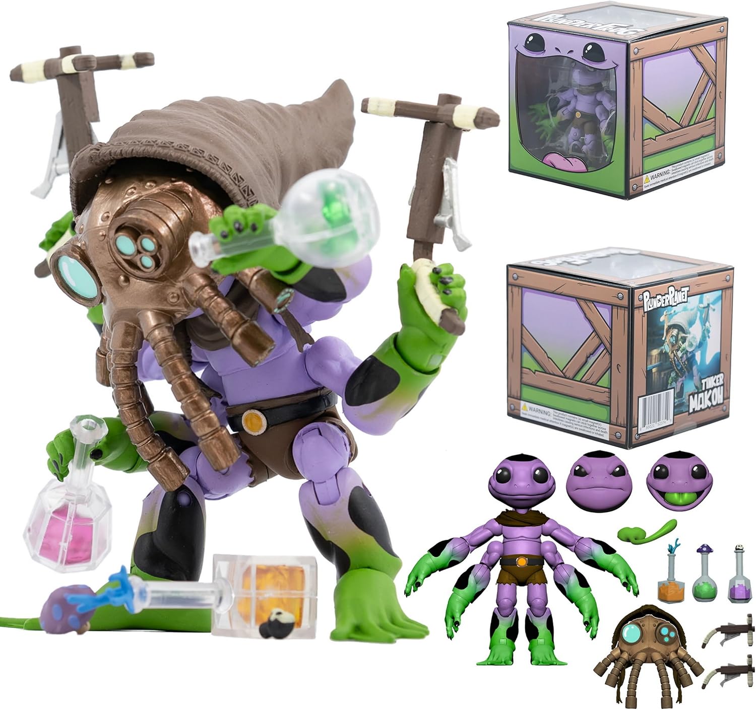 PlunderFrog Tinker Makoh 1:12 Scale Action Figure, Plunderfrog Mystic Character, 25+ POA, Magnetic Heads Mask Hood, Potion Accessories Slingshot Pistols, Interchangeable Hands Tongues
