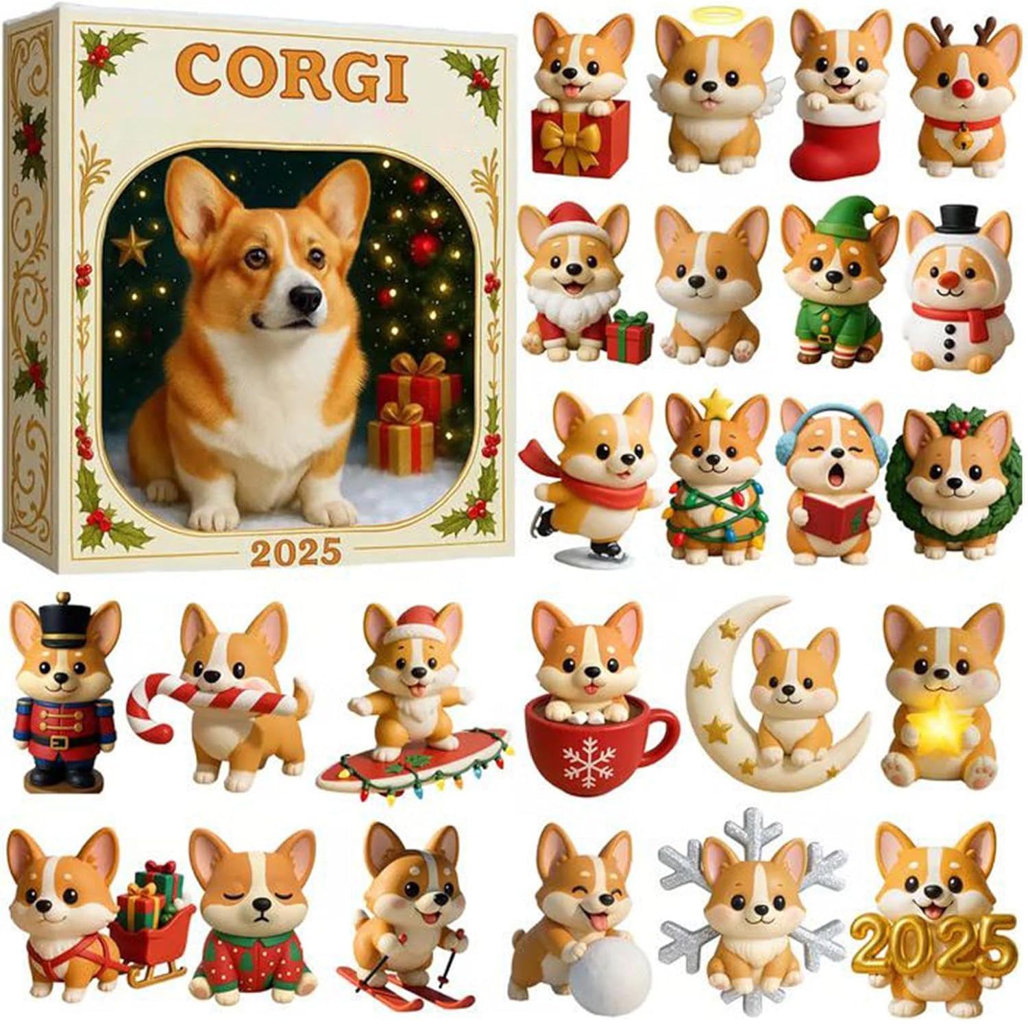 Dog Advents Calendars 2025 26x18x3cm 24 Days 2D Acrylic Corgiss Pendants For Christmas Countdown, Dog-Themed Christmas Decoration Set, Cute Mini Ornaments For Home Decor, Collectors & Corgis Lovers - Image 1 of 9