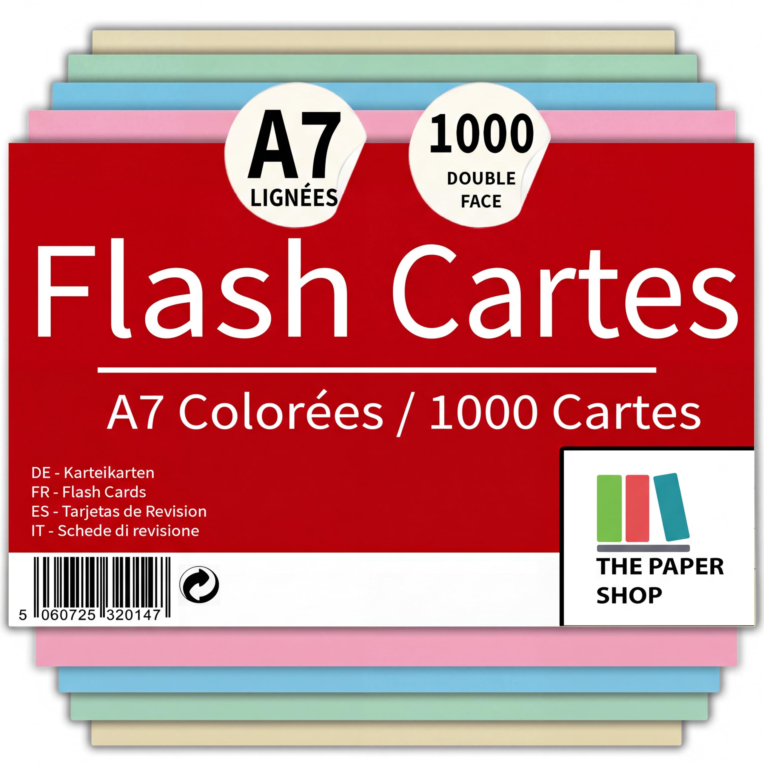 The Paper Shop Fiches de Révision A7 Couleur Lignées - Fiches Bristol Flash Cards (1000 Fiches) | Cartes Mémoire pour École & Révisions | Index Cards Flashcards 12,7 x 7,6 cm - 1000 Fiches