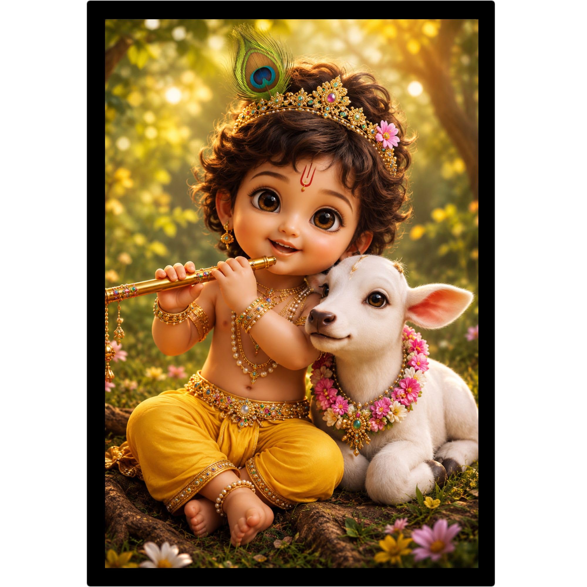 Bal Krishna Photo Frame 12x8 Inch Lord Krishna Wall Decor Cute Kanha with Calf Hindu Religious Picture Laddu Gopal Artwork for Home Temple Office Living Room Gift-image-4