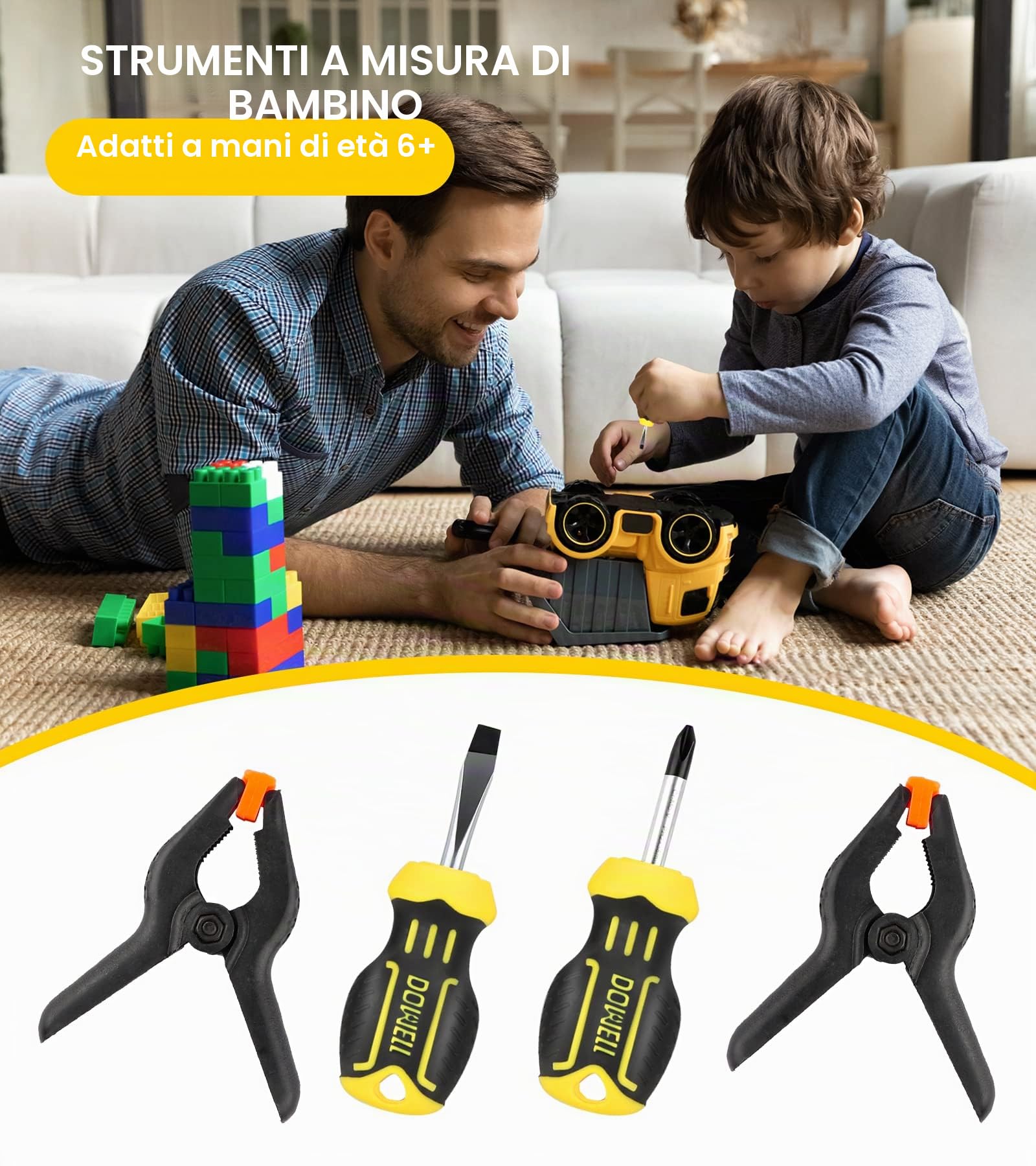 DOWELL Set di attrezzi per bambini con borsa per attrezzi inclusi strumenti manuali in vero metallo per ragazzi e ragazze