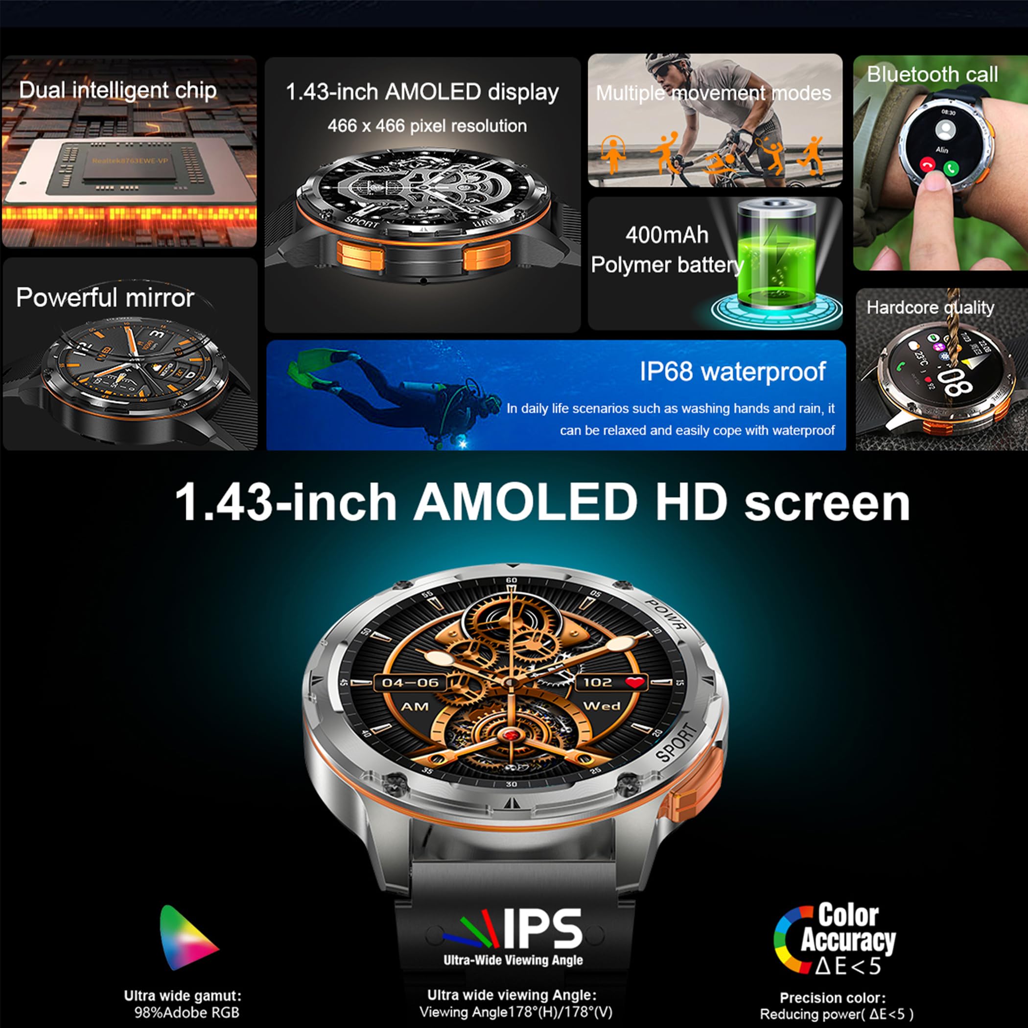 Reloj inteligente AMOLED de 1,43 pulgadas para hombre con función de teléfono, 5 ATM, rastreador de actividad con más de 100 modos deportivos, podómetro, monitor de sueño, presión arterial