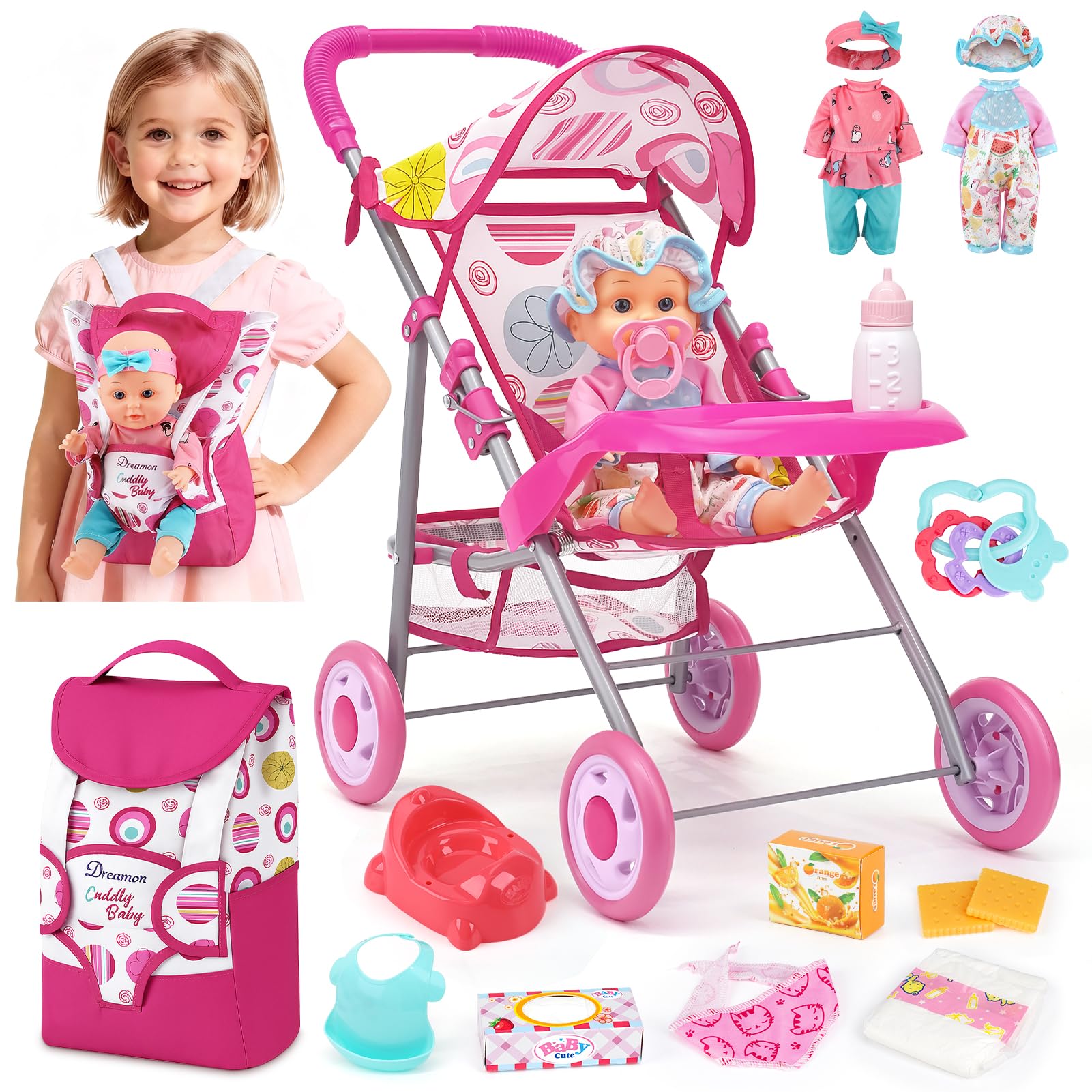 Amazon.com: Baby Doll Stroller Set with 12.5" Doll, Baby Dining Table,  Backpack with Carrier, 21 PCS Baby Doll Accessories Stroller Toys, 2 Sets  Doll Clothes, Feeding Set Girls Toddlers Gifts for Pretend