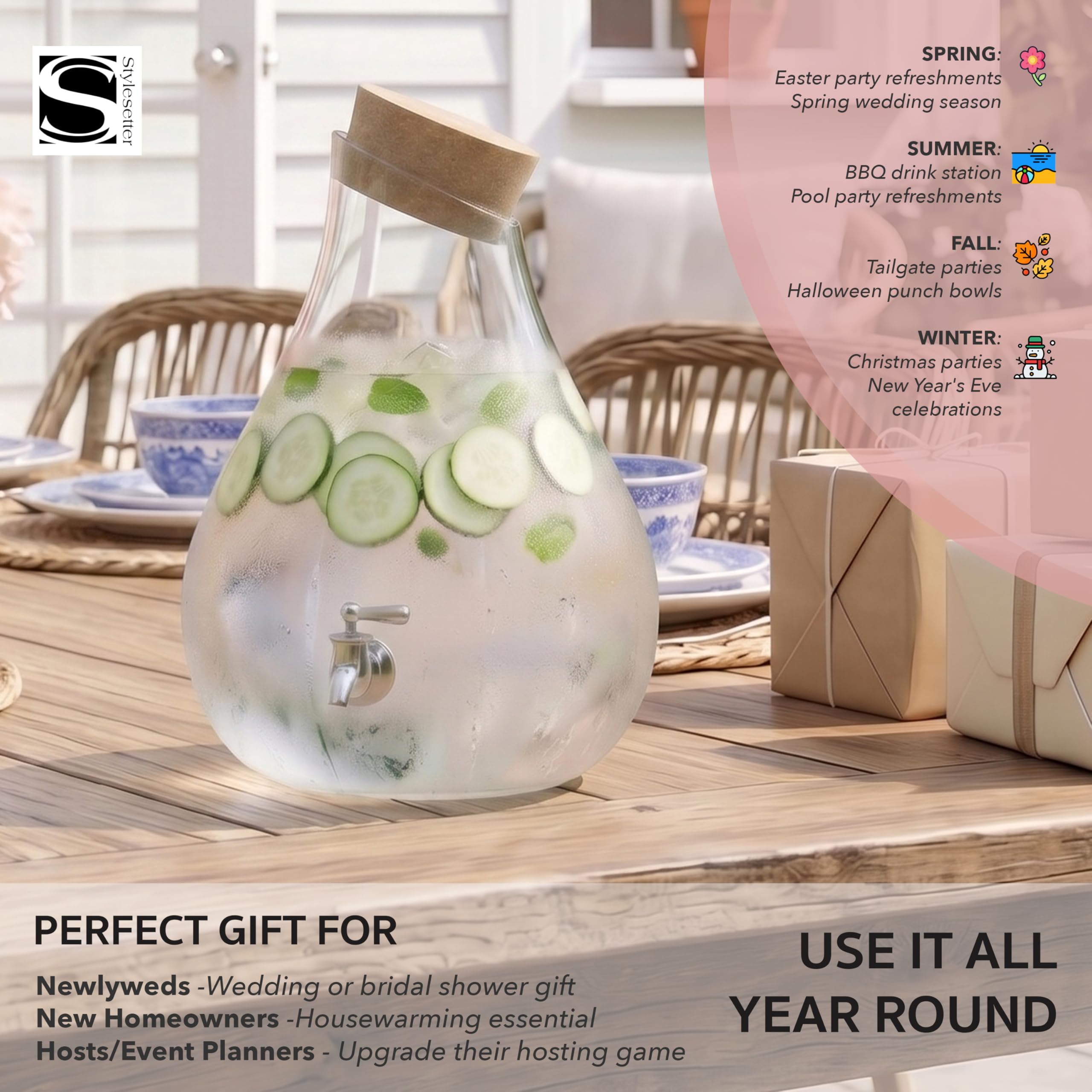 Style Setter Dispensador de bebidas frías de alta calidad con jarra de vidrio de capacidad de 2.5 galones, espiga acrílica a prueba de fugas en una hermosa caja de regalo, ideal para fiestas