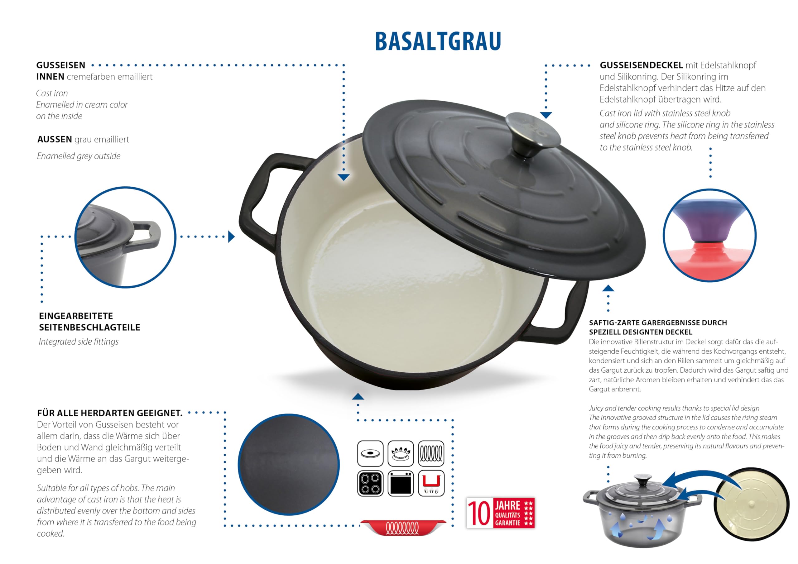 Elo 3382826 casseruola in ghisa smaltata antiaderente bassa con coperchio, grigio classico, adatta al forno, pentola a cottura a induzione, 28 cm, 3 l, 2-4 persone
