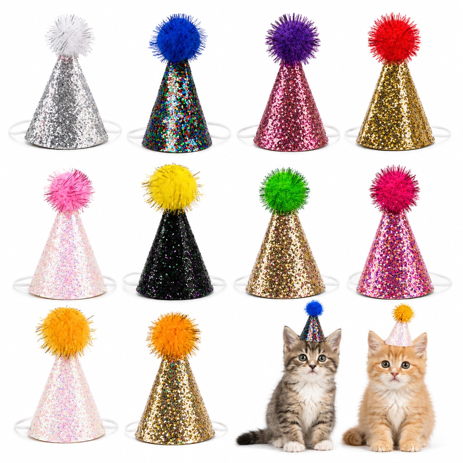 10 Pack Mini Party Hats for Animals Teddy Bear, Glitter Cone Party Hats Cute Dog Party Hats with Pom Poms, Pastel Dog Birthday Hat Adjustable Cone Hat for Puppies Costume Accessories