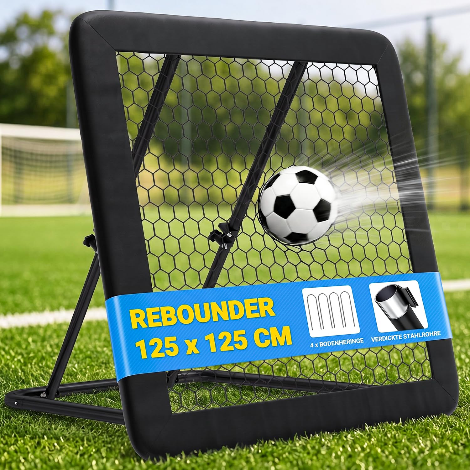 SUNYRISY Rebounder für Fußball, Fussball Rebounder mit Tornetz und Schutzrand, Fussball Trainingszubehör, Trainingsset für Handball und Volleyball, Stufenlos Verstellbar