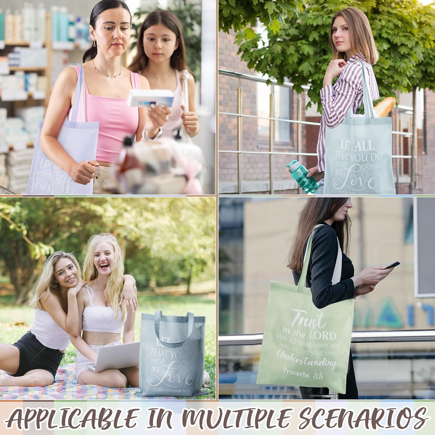 ボーホー クリスチャン トートバッグ 宗教 再利用可能 食料品 聖書 言葉 レインボー 不織布バッグ ハンドル付き クリスマス用