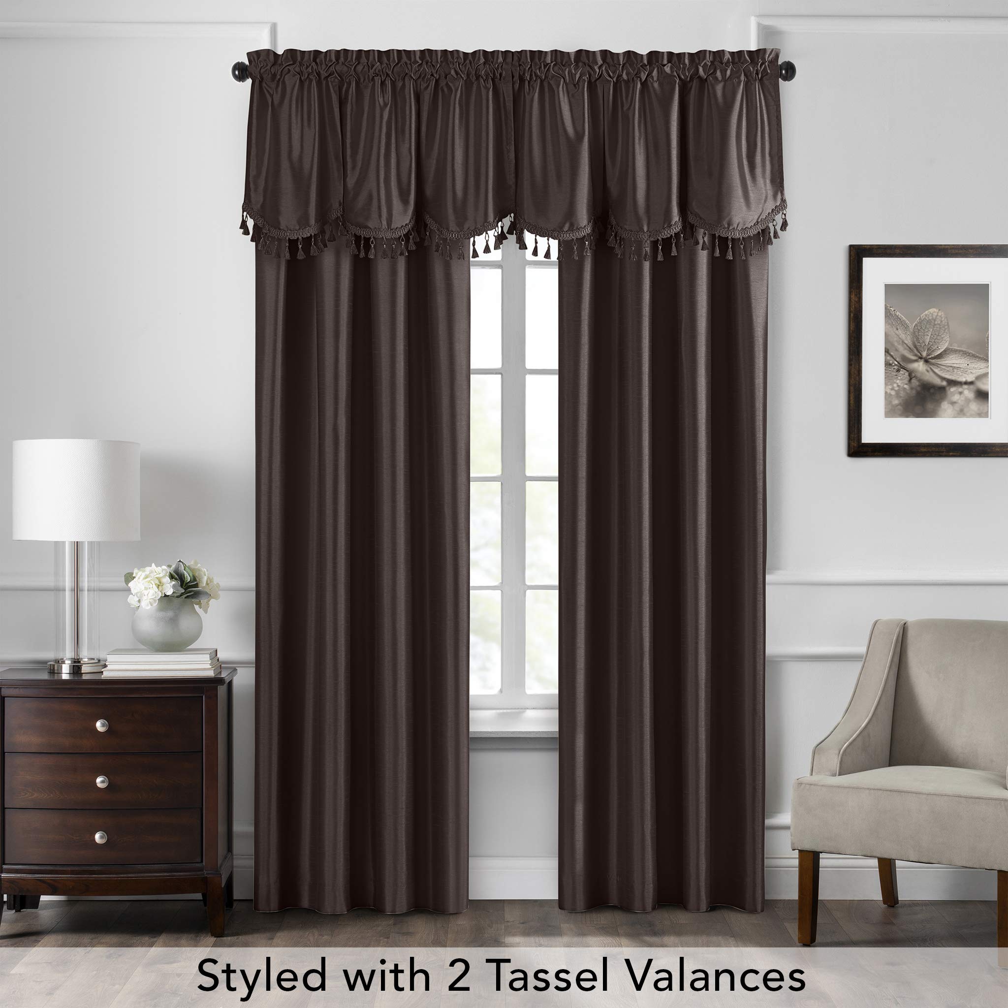 Elrene Home Fashions Colette Faux Silk Scallop Window, 48 in x 21 in (Tassel Valance), Chocolate, W 21" x L 48" (1 Panels) - Image 2