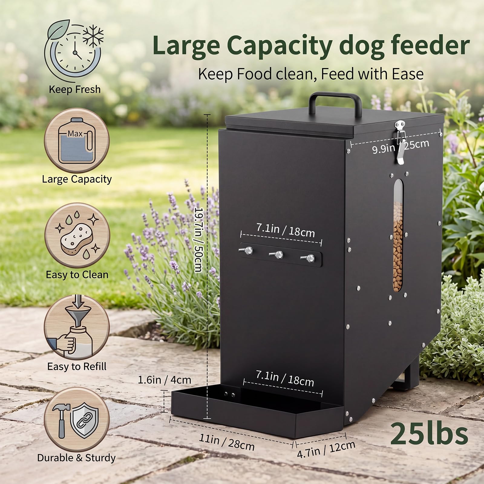 Shimeyao Comedero automático para perros de 25 libras, dispensador de comida de metal grande para perros, estación de alimentación por gravedad para razas pequeñas, medianas y grandes, pollo, hurón
