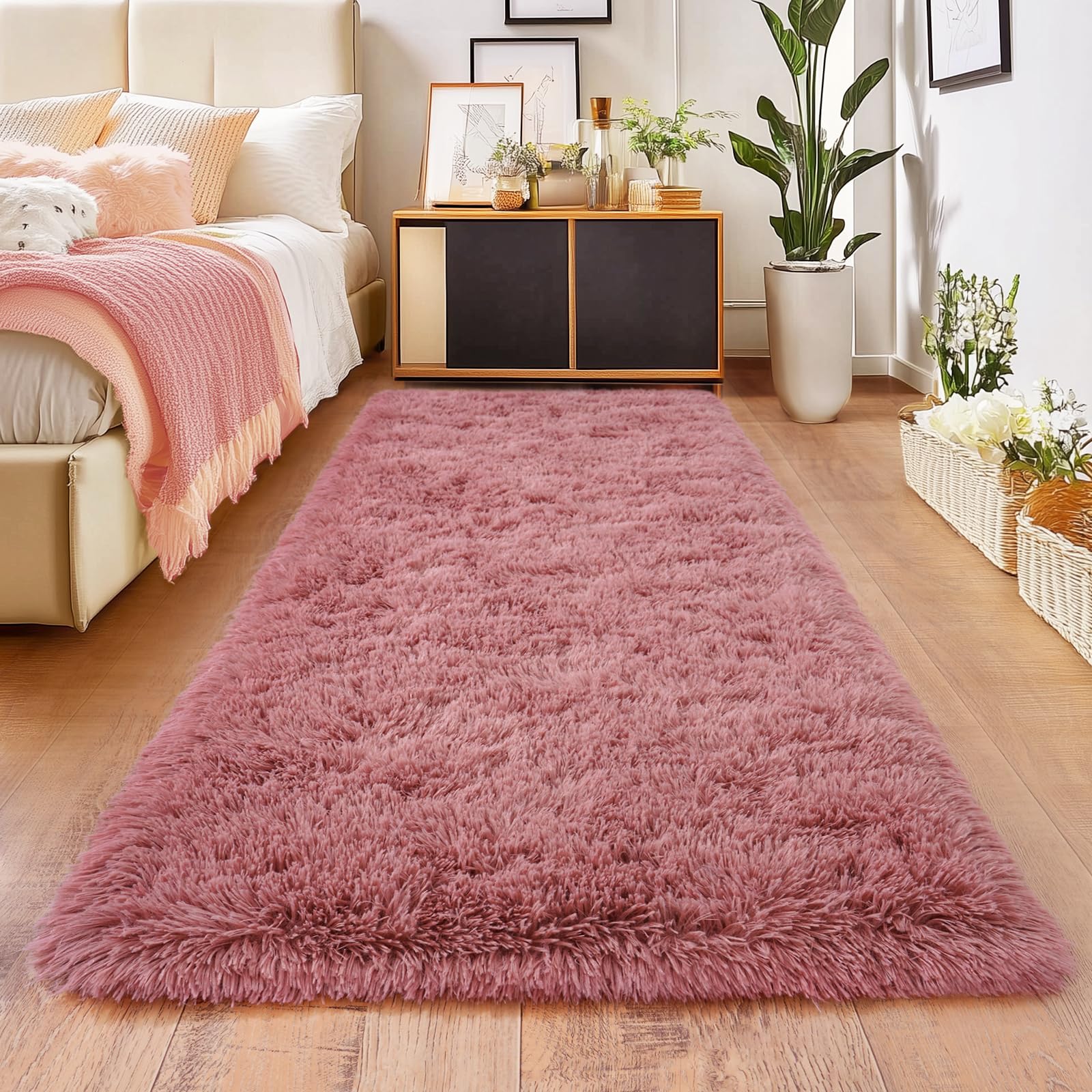 Blush Runner Area Rug for Hallway, Bedroom Bedside Plush Rugs, Non Slip Fluffy Shaggy Carpet for Kids Home Decor, Dorm Nursery 2x6 Ft