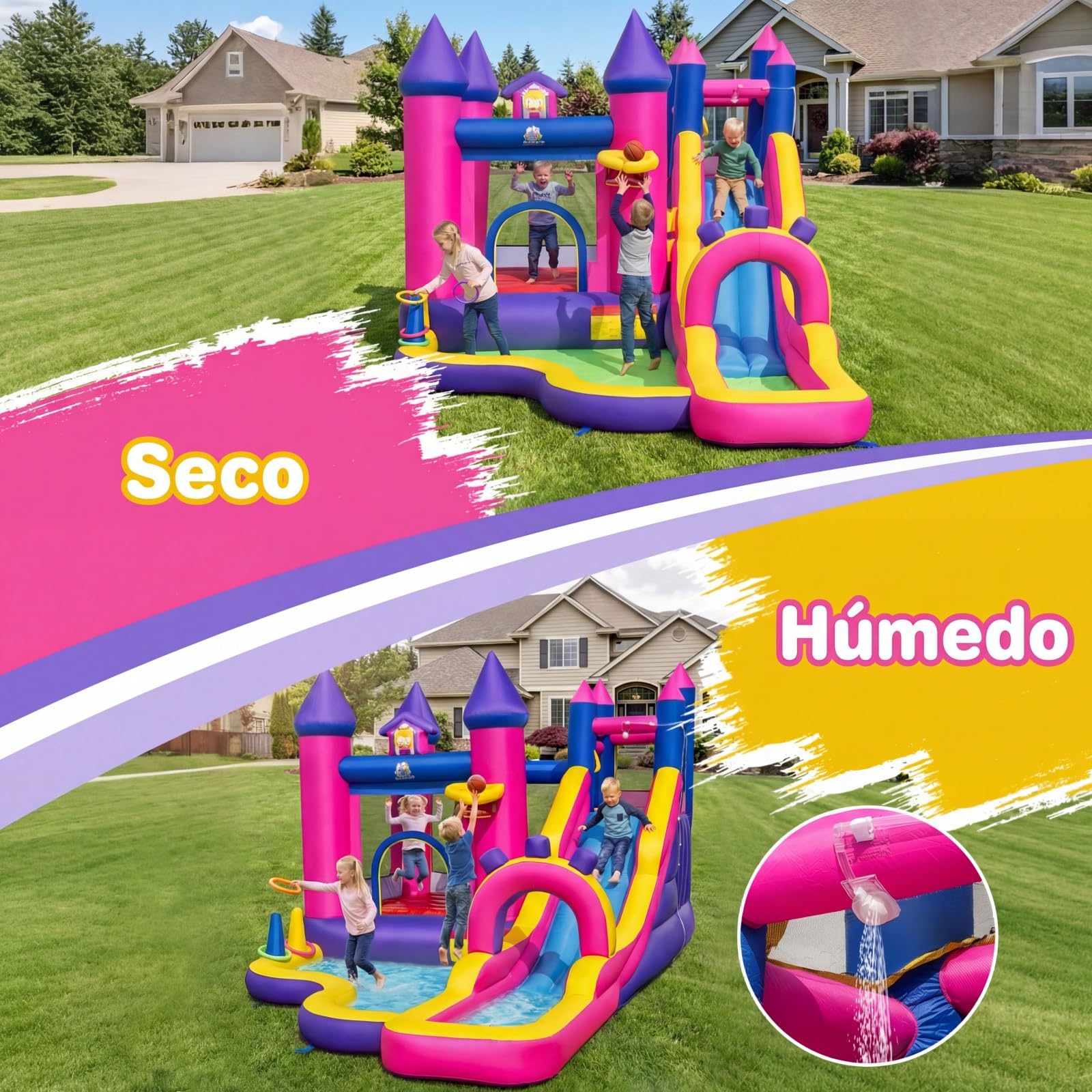 COSTWAY Castillo Hinchable para Niños, Parque Infantil Acuático Tema de Princesas con Tobogán Largo, Canasta de Baloncesto, insuflavel criança para Niños, Jardín, Césped, 460x290x245 cm (sin Soplador)