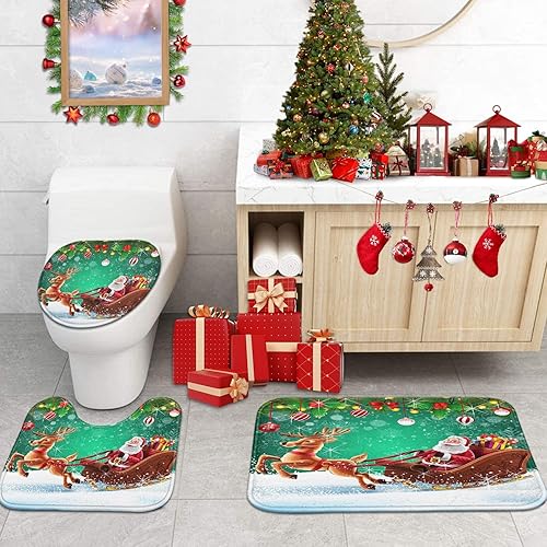 Miniatura 5 de ArtSocket Juegos de baño de ciervos de Papá Noel con cortina de ducha y alfombras y accesorios, juegos de cortinas de ducha de Feliz Navidad, copos