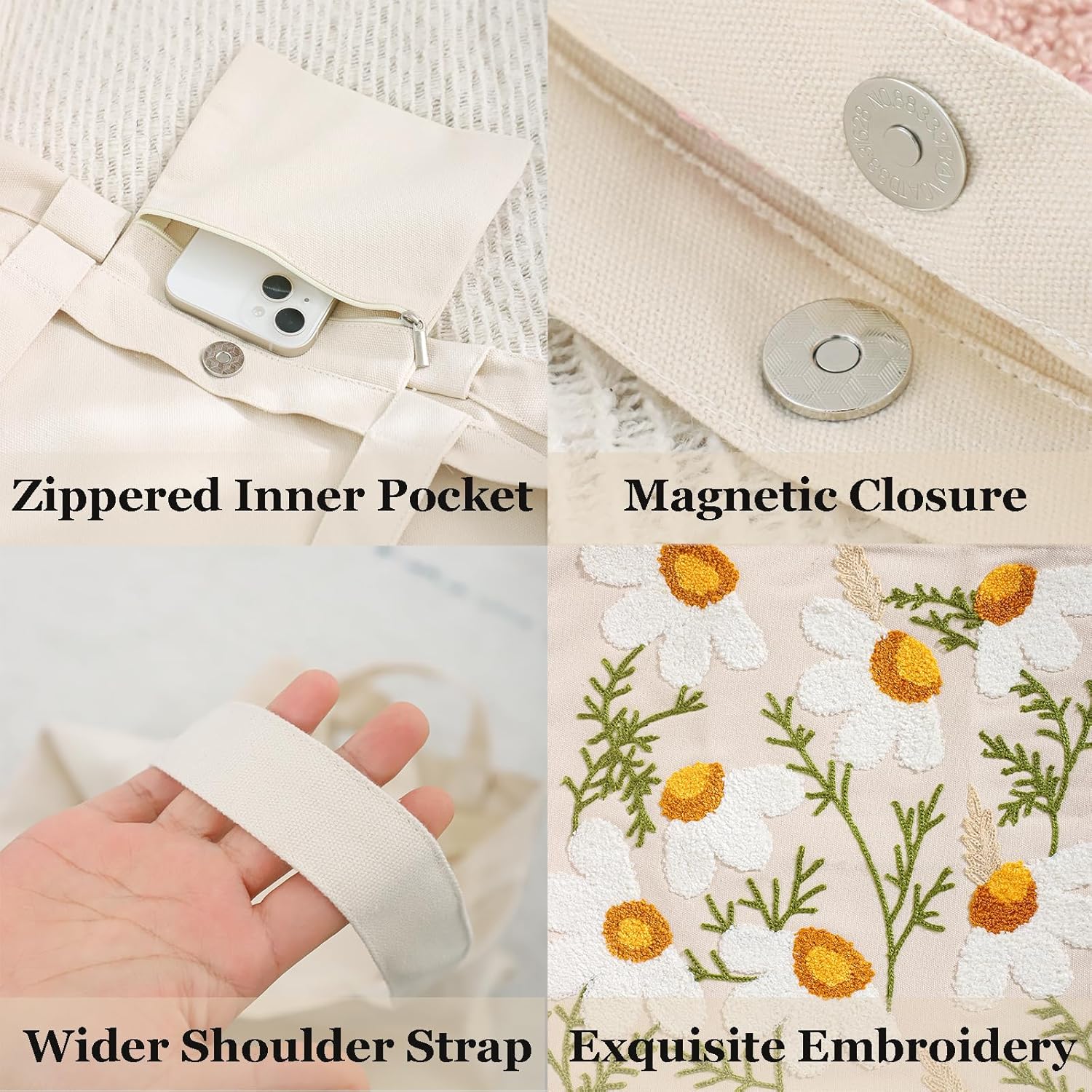 Aesthetic Embroidery Tote Bag for Lady Cute Reusable Canvas Shoulder Bag for Girls Women Shopping Grocery - Image 6