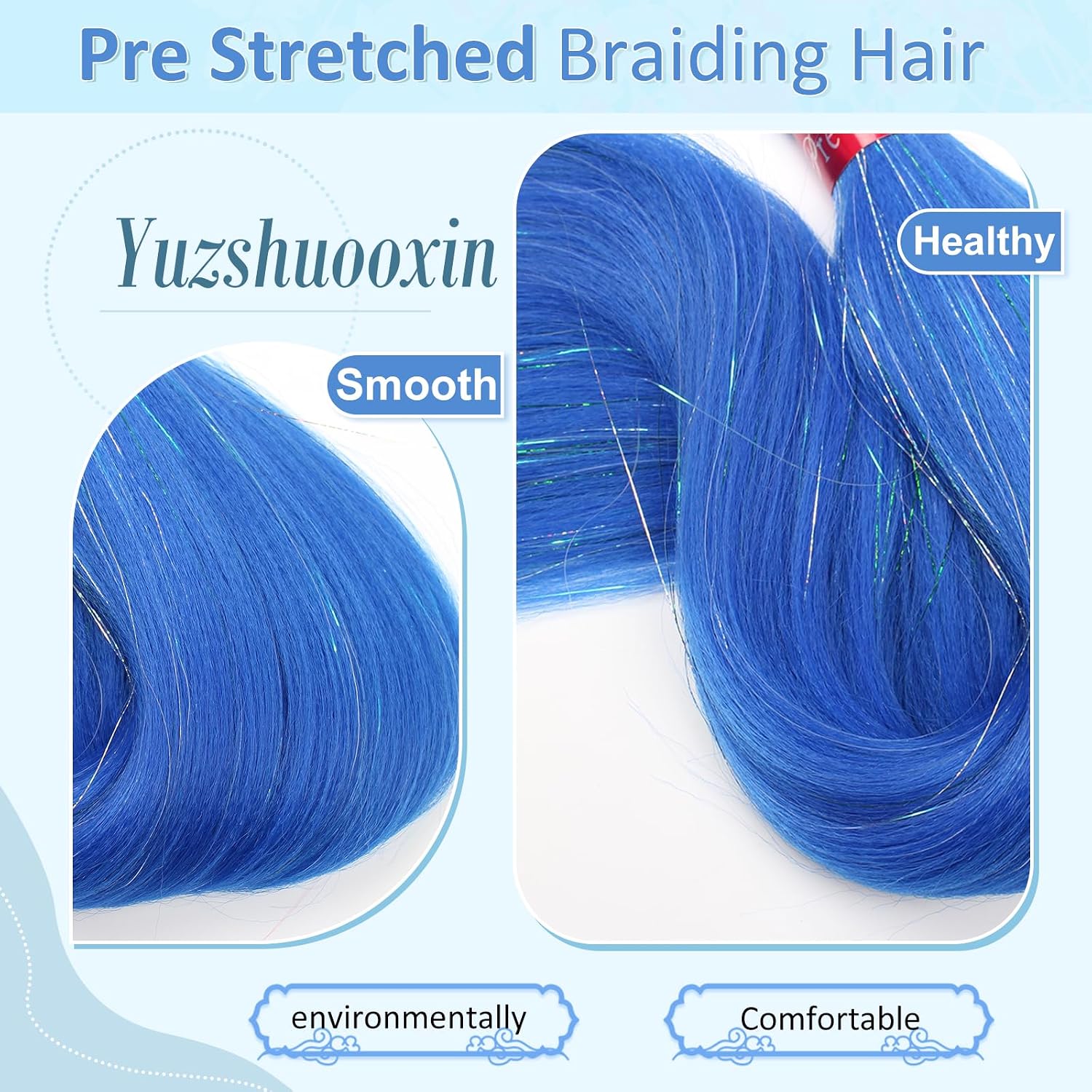 Blue Pre Stretched Braiding Hair with Tinsel 30 Inch Box Braids 2 Packs Synthetic Crochet Braid Neat Yaki Texture Hot Water Setting Hair Extensions