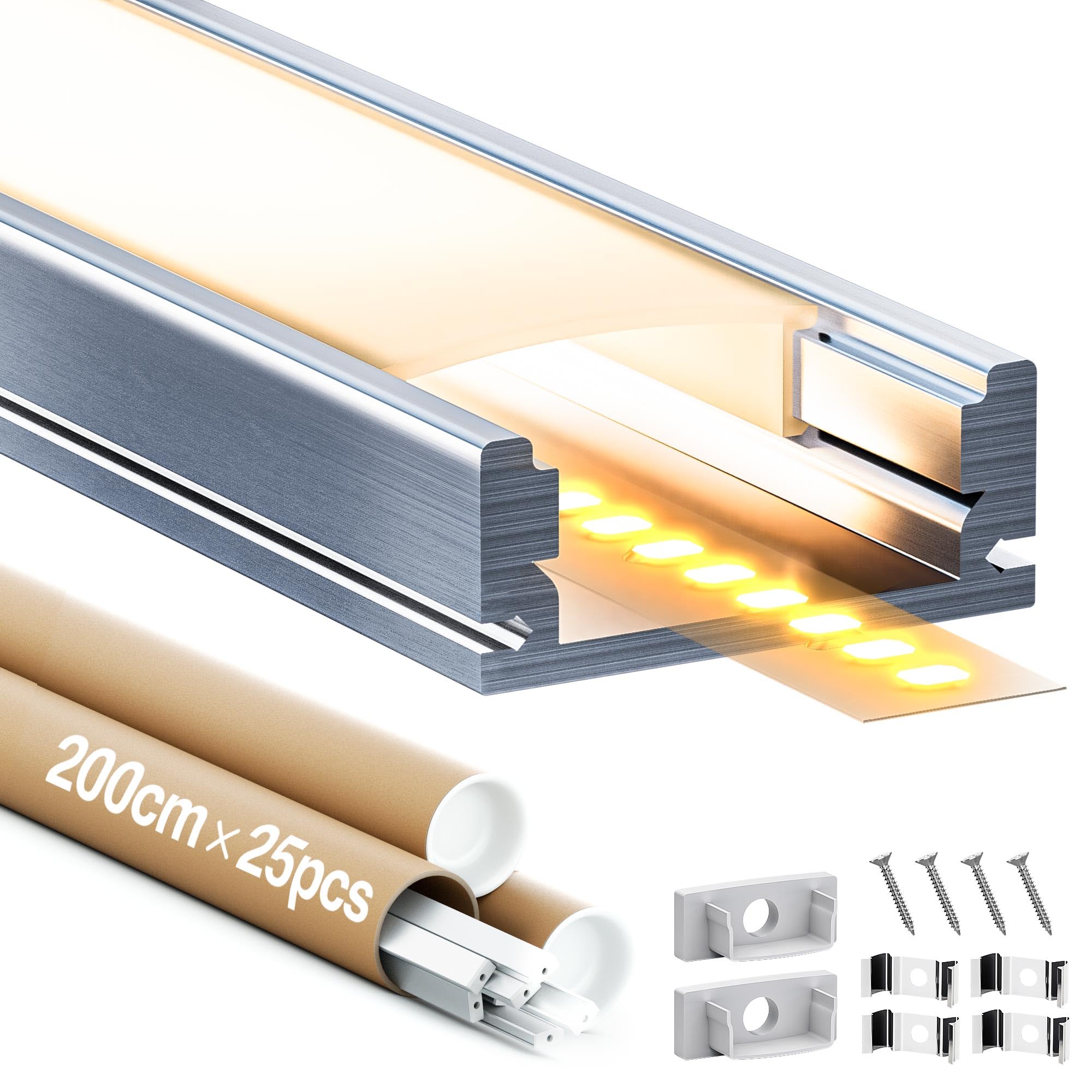 Perfil de Aluminio 25 × 2 m (50 m total) para Tira LED, Perfil LED Forma de U, Difusor y Canal LED, Adecuado para tiras de LED de hasta 12 mm - Dimensiones 17.4 x 7 mm (Sl05, 25*2M (total 50M))