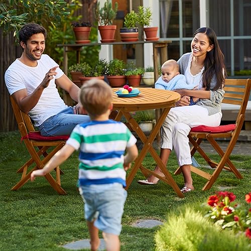 Miniatura 8 de Tranquillo Anya Mesa plegable redonda de madera de acacia maciza para exteriores, pieza lateral sólida de 27.6 pulgadas, bandeja de TV, resistente