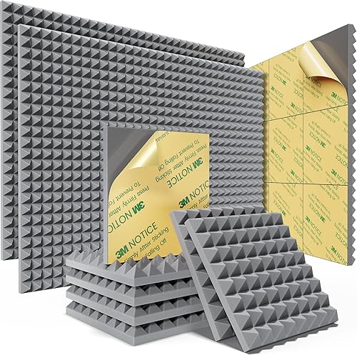 Paquete de 48 paneles de espuma piramidal a prueba de sonido con autoadhesivo, paneles de espuma acústica de 12 x 12 x 1 pulgada de alta densidad,
