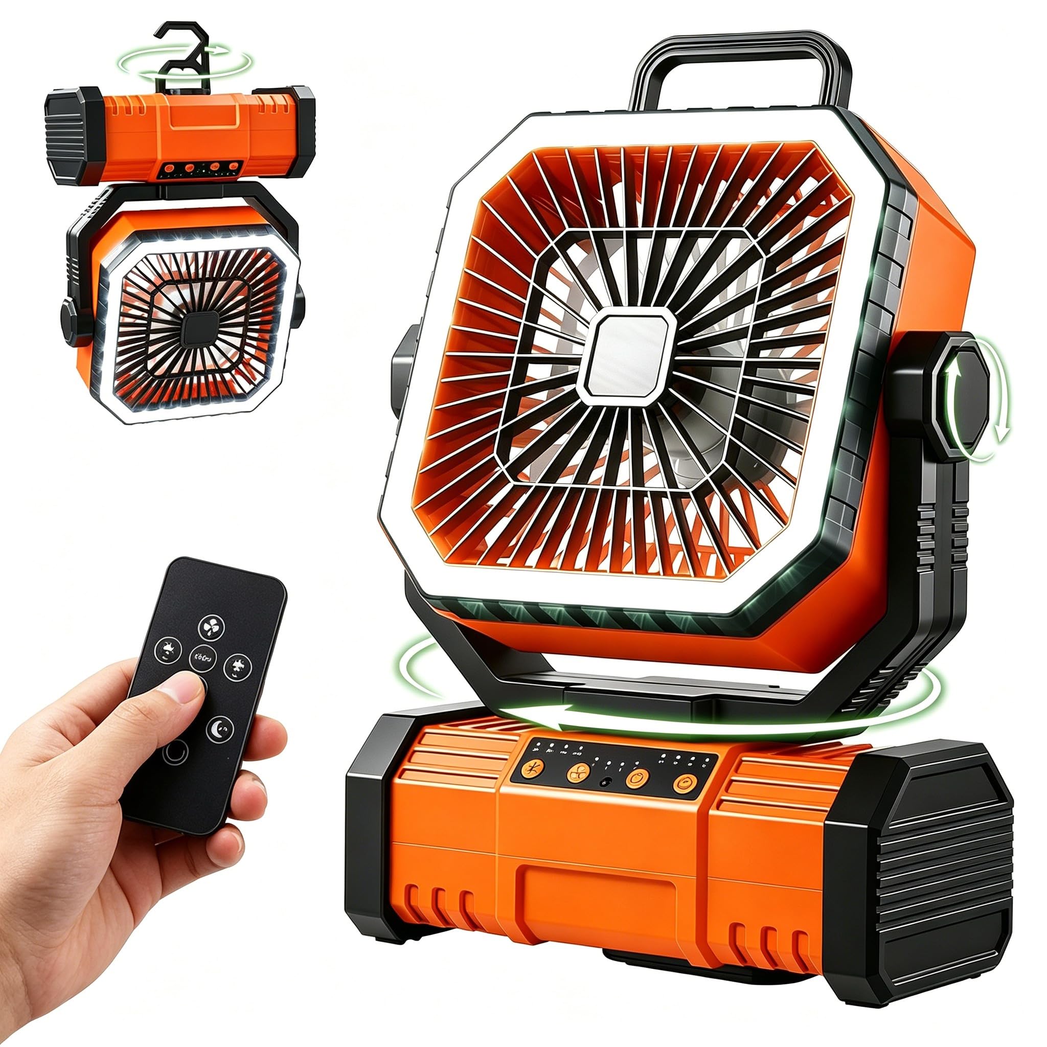 The Fellie Camping Fan with Light, 20000mAh Battery Powered, Rechargeable Outdoor Fan with Remote Control&Hanging Hook, 4 Speeds Desk/Tent/USB Fan for Traveling Office Fishing Hurricane Picnic, Orange