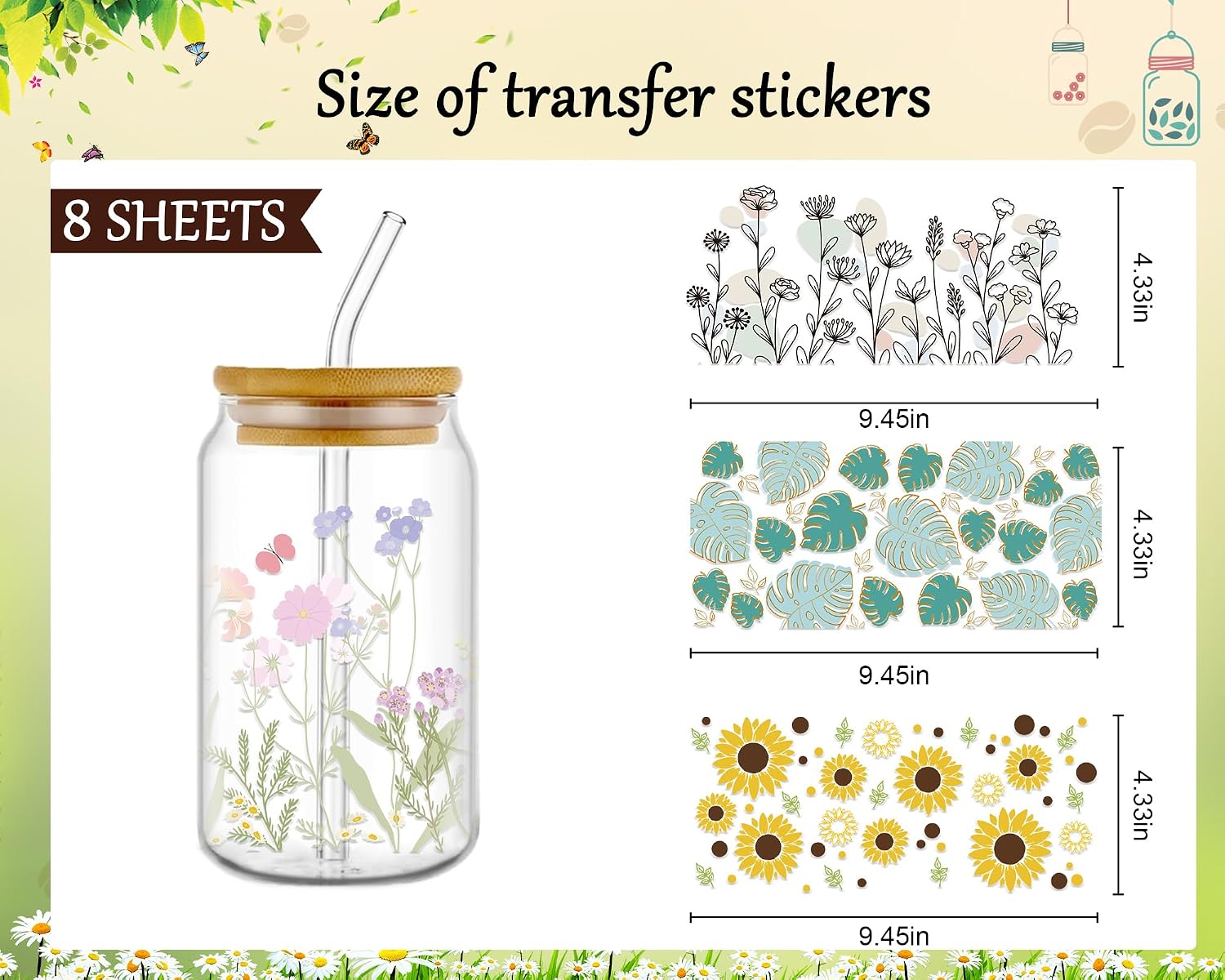 Rngmsi UV DTF Cup Wrap - 8 Sheets Sunflower UV DTF Cup Wraps for 16 oz Butterfly Flowers Car UV DTF Decals Waterproof Floral Personalized Uvdtf Cup Wraps for Glass Cups DIY Wood Crafts