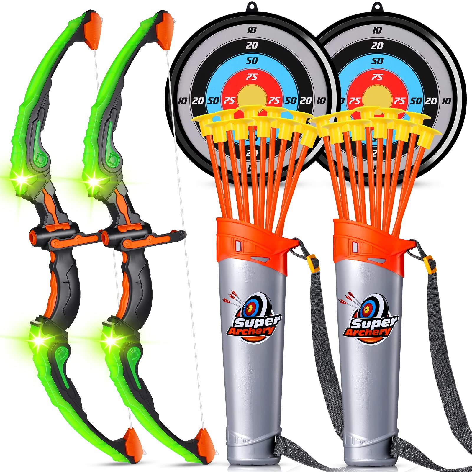 Bow and Arrow for Kids with LED Flash Lights two piece set- Archery Set with 20 Suction Cups Arrows, Target, and Quiver, Practice Outdoor Toys Archery Set for Children Above 5 Years Old, (Green)